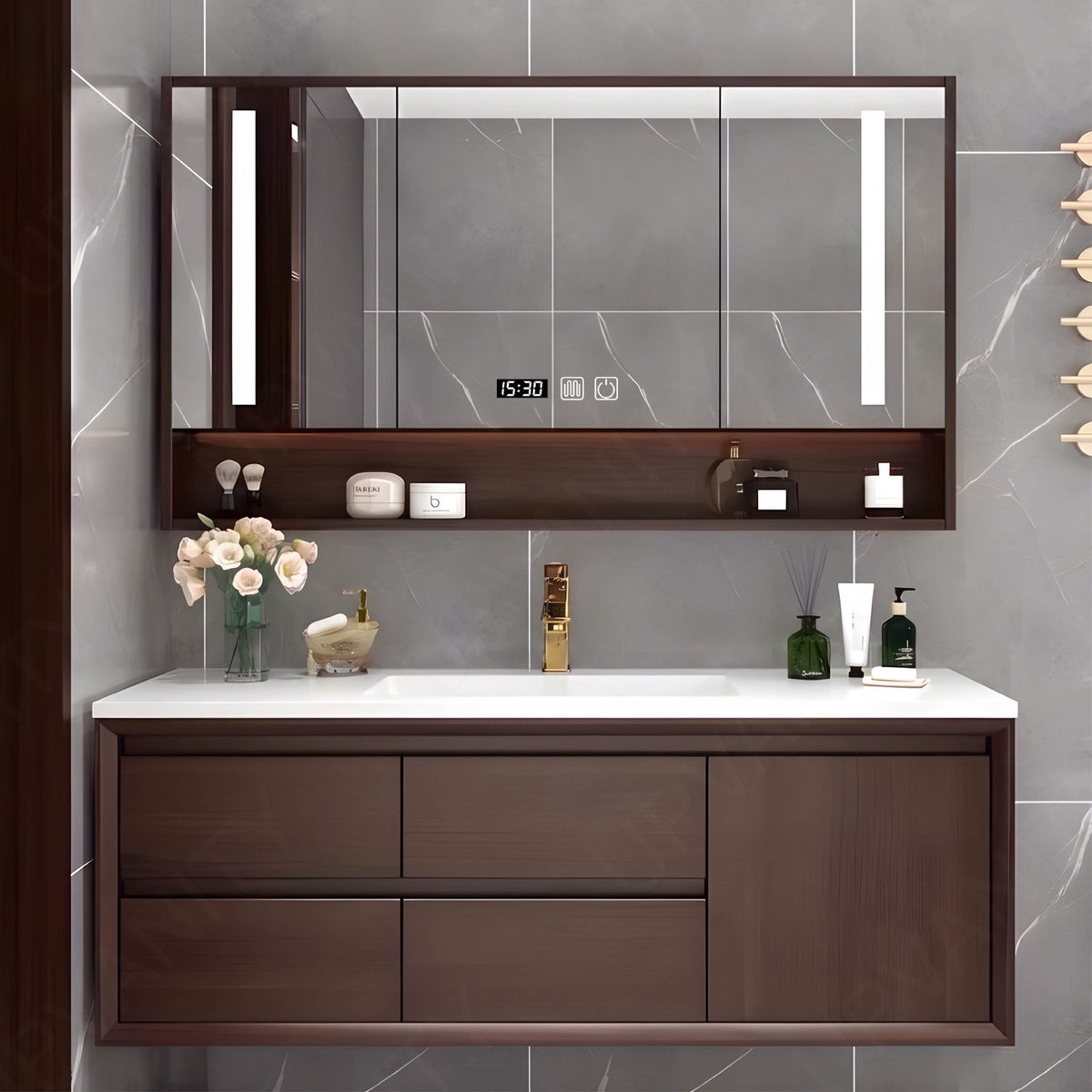 Modern Bath Vanity Set, Brown, White Slate Top, Sectional Storage, 44"-64", Single, Floating, Smart LED Mirror, Rear Cabinet