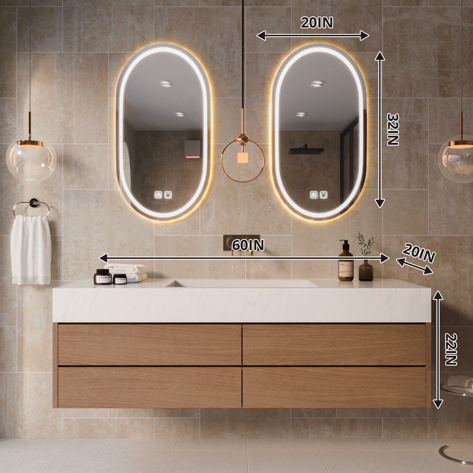 Modern Bath Vanity Set, Brown, White Slate Top, Sectional Storage, 56"-78", Single, Floating, Dual Oval Smart LED Mirror