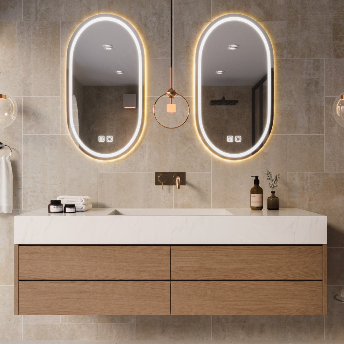 Modern Bath Vanity Set, Brown, White Slate Top, Sectional Storage, 56"-78", Single, Floating, Dual Oval Smart LED Mirror