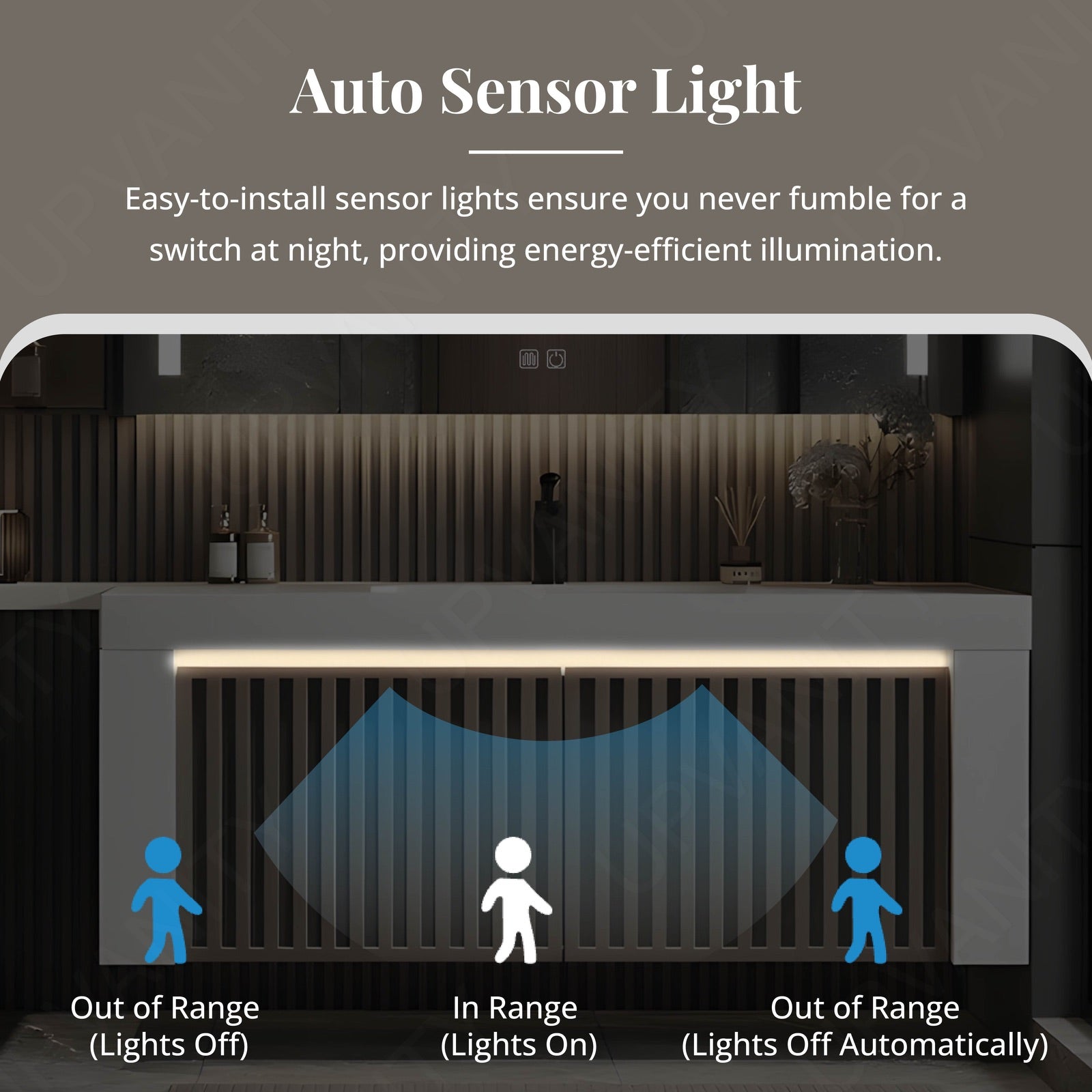 Modern Bath Vanity Set, Brown, White Slate Top, Striped Panel, 60"-78", Single, Floating, Smart LED Mirror, Rear/Side Cabinet
