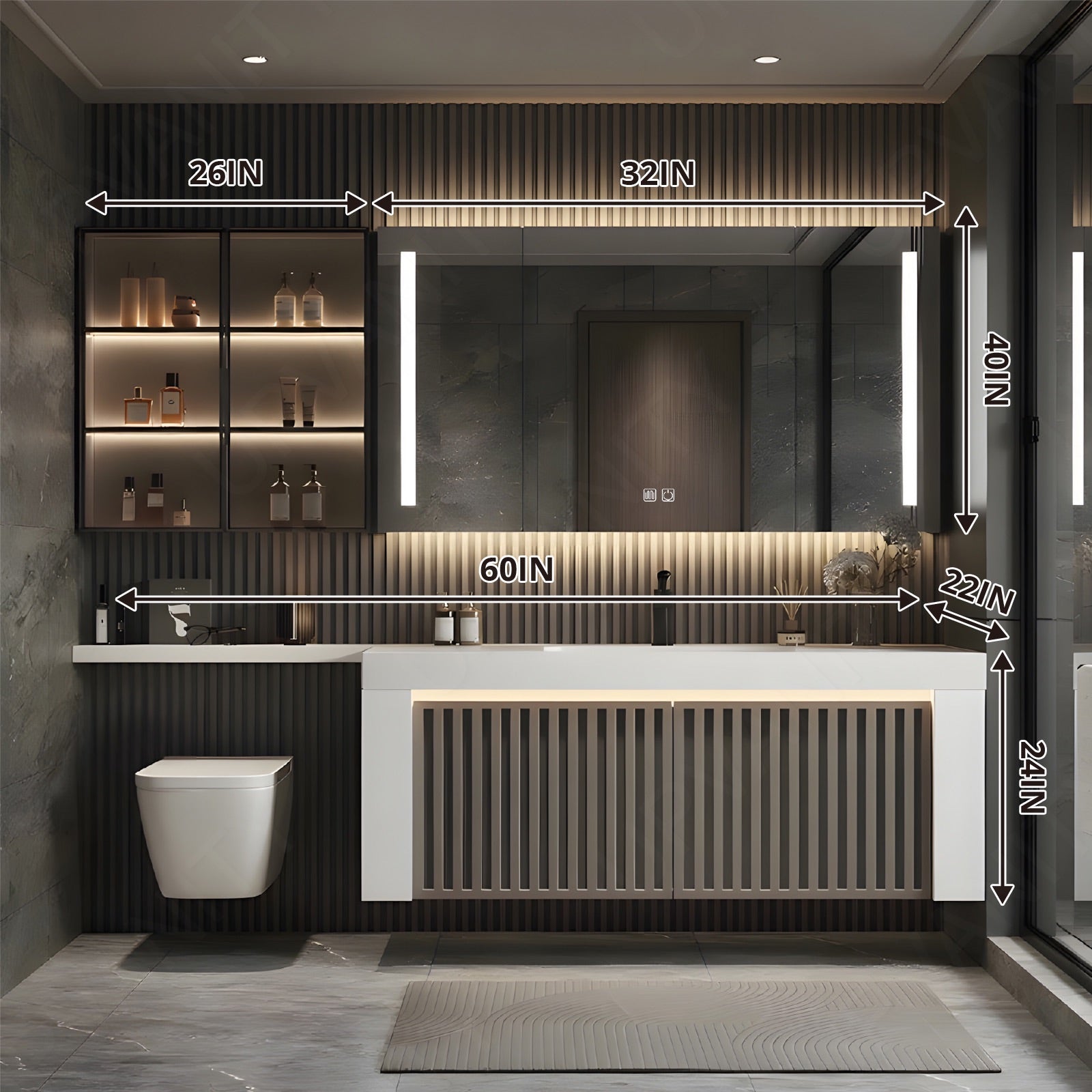 Modern Bath Vanity Set, Brown, White Slate Top, Striped Panel, 60"-78", Single, Floating, Smart LED Mirror, Rear/Side Cabinet