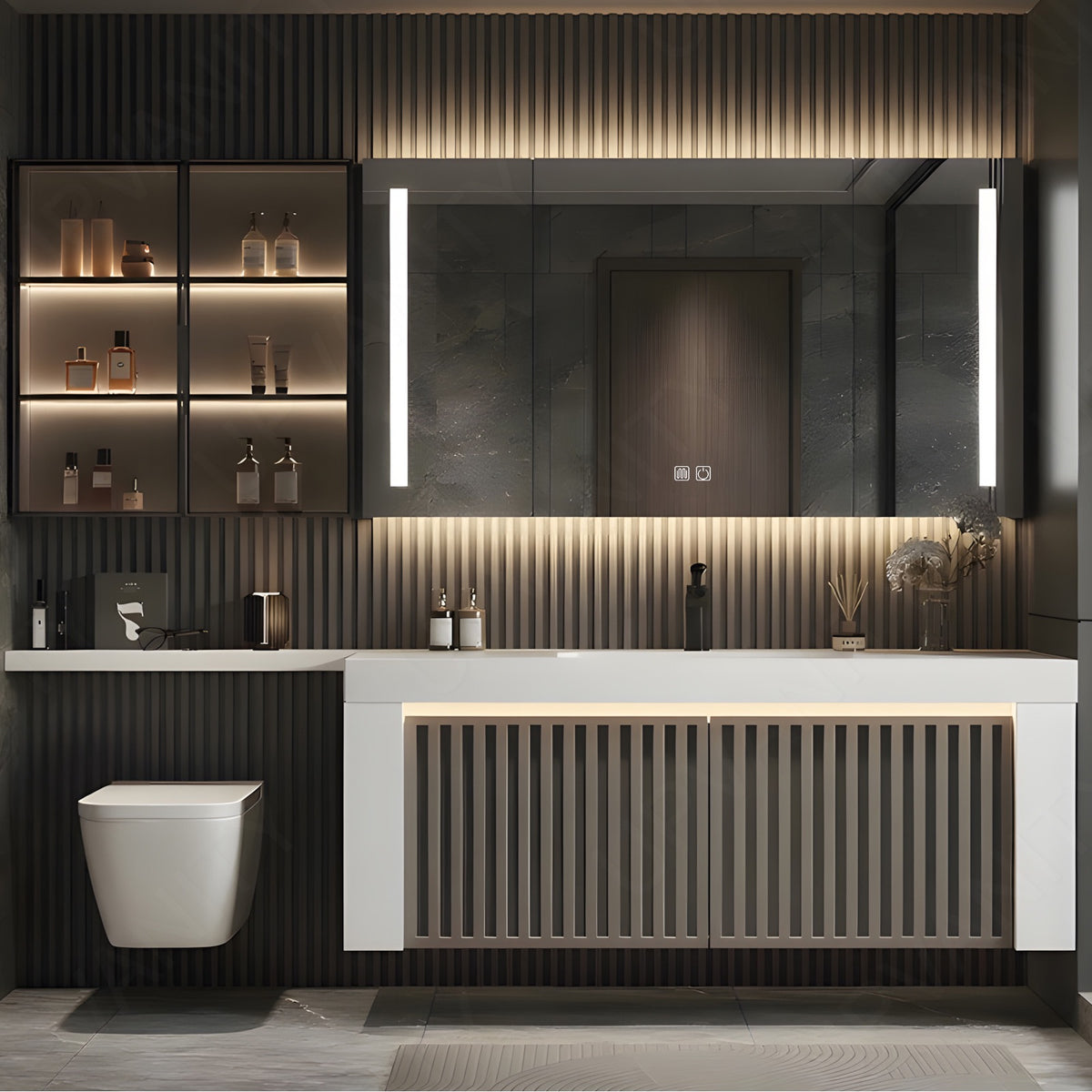 Modern Bath Vanity Set, Brown, White Slate Top, Striped Panel, 60"-78", Single, Floating, Smart LED Mirror, Rear/Side Cabinet