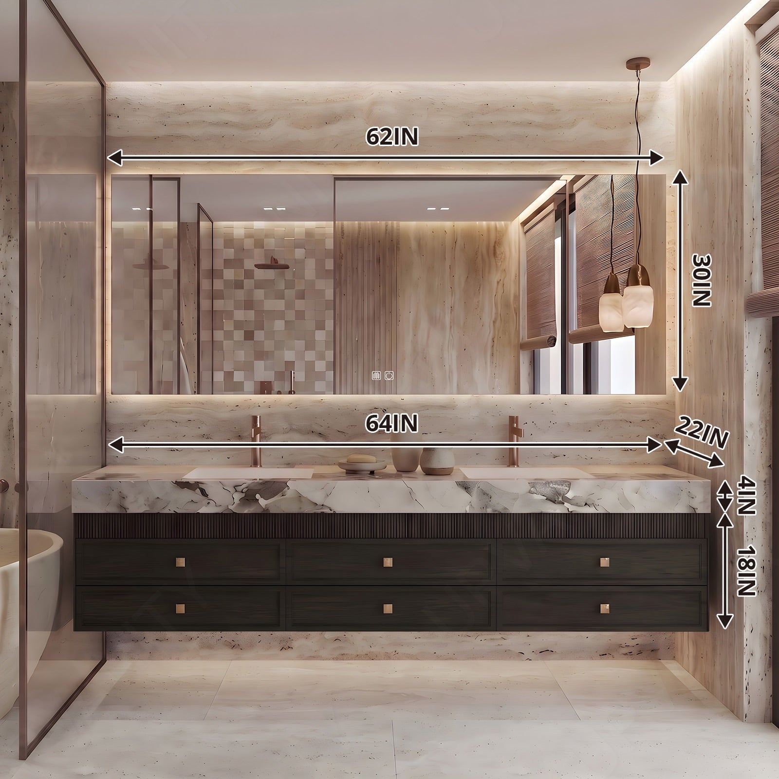 Modern Bath Vanity Set, Dark Carbon Walnut, Marble Textured Top, 52"-78", Double, Floating, Fluted Panel, Smart LED Mirror