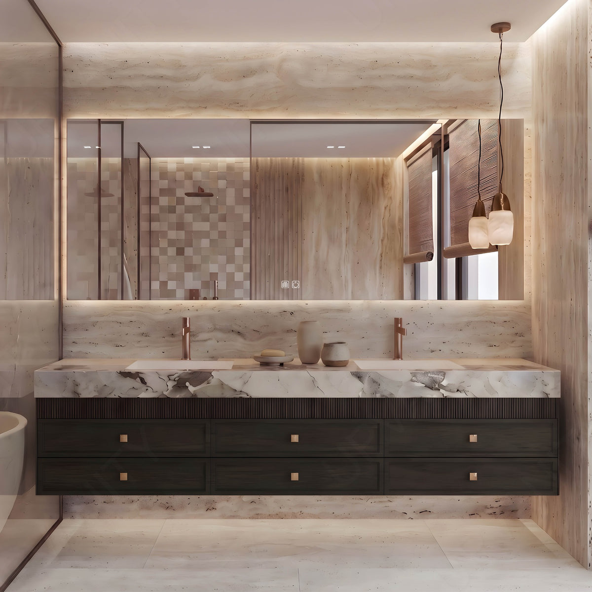 Modern Bath Vanity Set, Dark Carbon Walnut, Marble Textured Top, 52"-78", Double, Floating, Fluted Panel, Smart LED Mirror