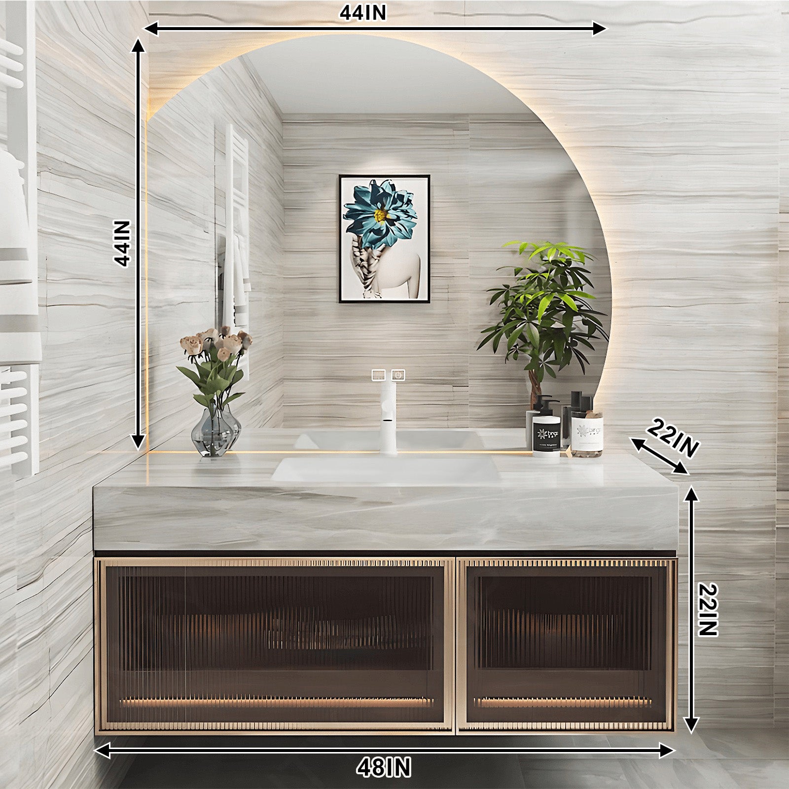 Modern Bath Vanity Set, Gold, Glass Door, 32"- 48", Single, Floating, Gray Marble Top, Irregular Smart LED Mirror