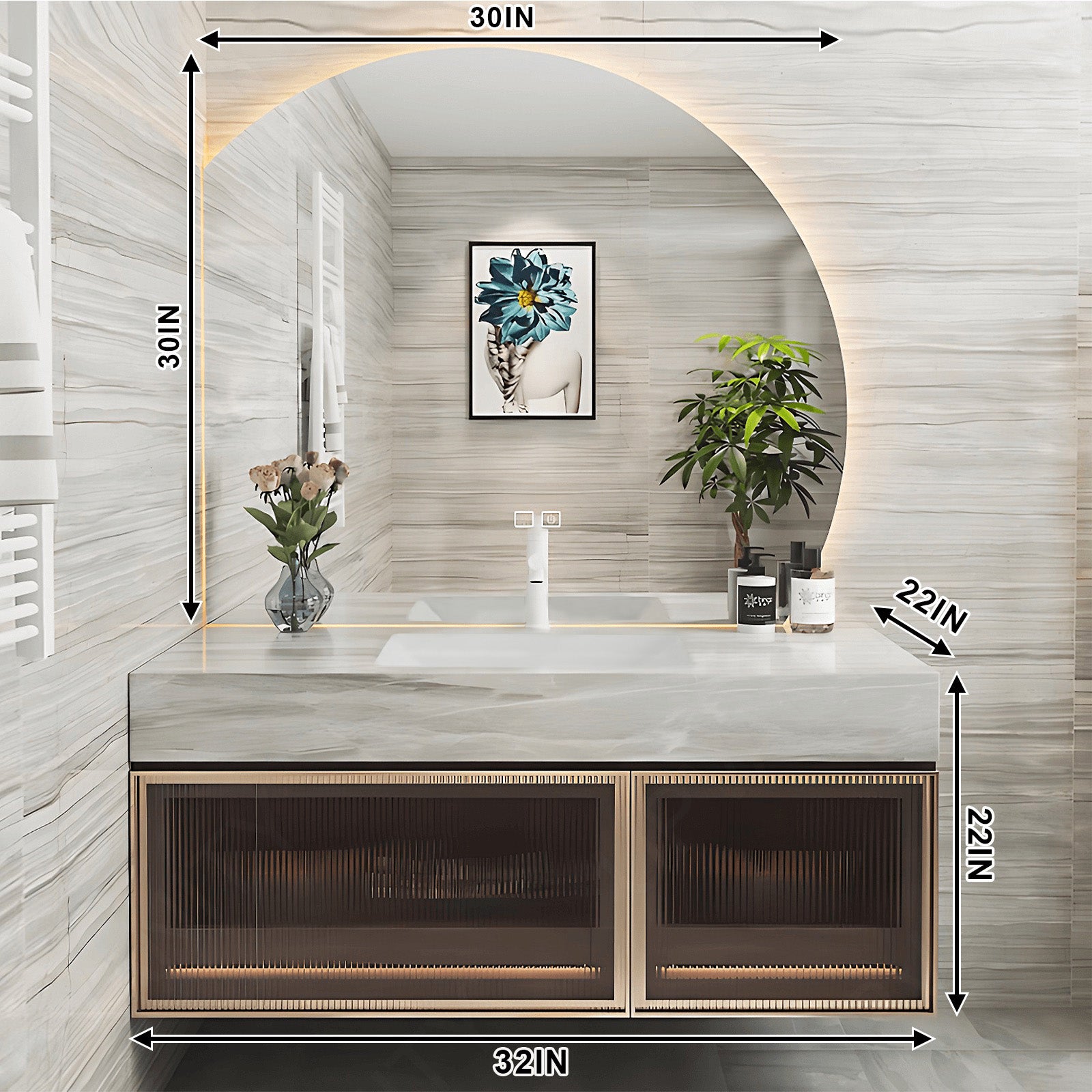 Modern Bath Vanity Set, Gold, Glass Door, 32"- 48", Single, Floating, Gray Marble Top, Irregular Smart LED Mirror