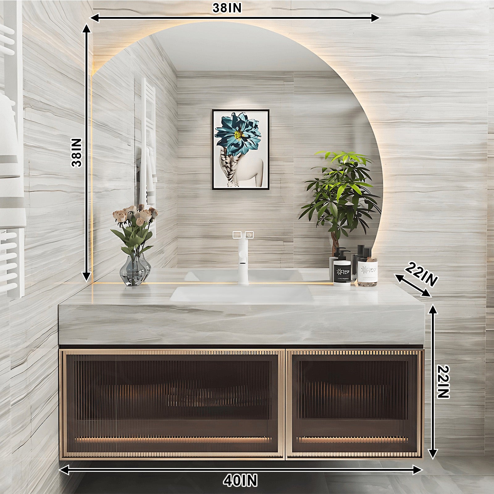 Modern Bath Vanity Set, Gold, Glass Door, 32"- 48", Single, Floating, Gray Marble Top, Irregular Smart LED Mirror