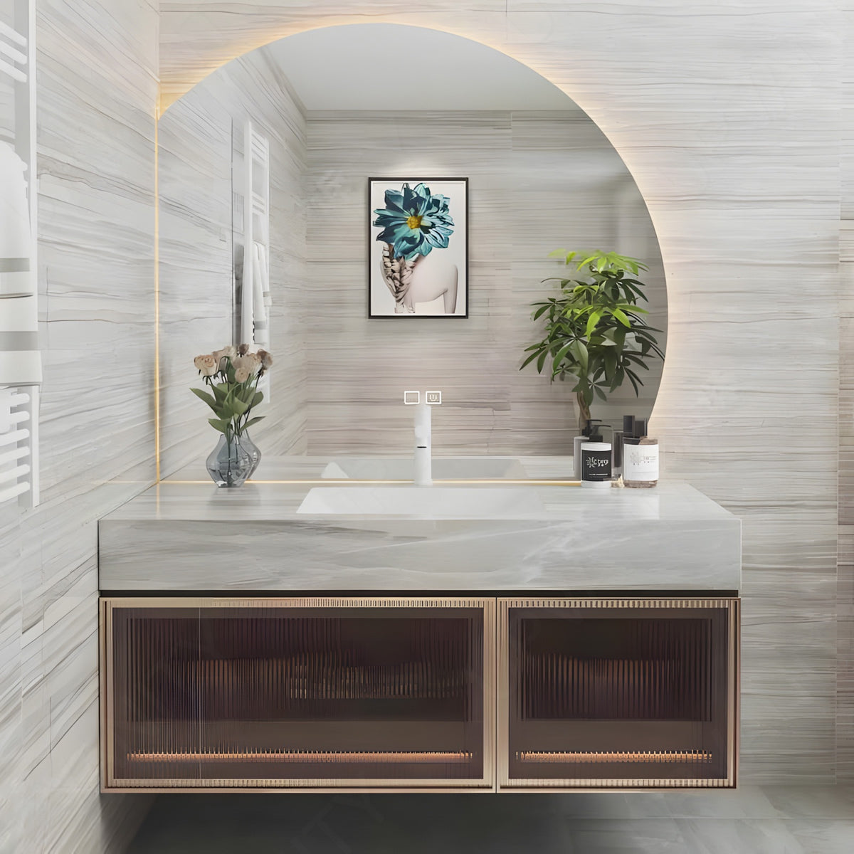 Modern Bath Vanity Set, Gold, Glass Door, 32"- 48", Single, Floating, Gray Marble Top, Irregular Smart LED Mirror