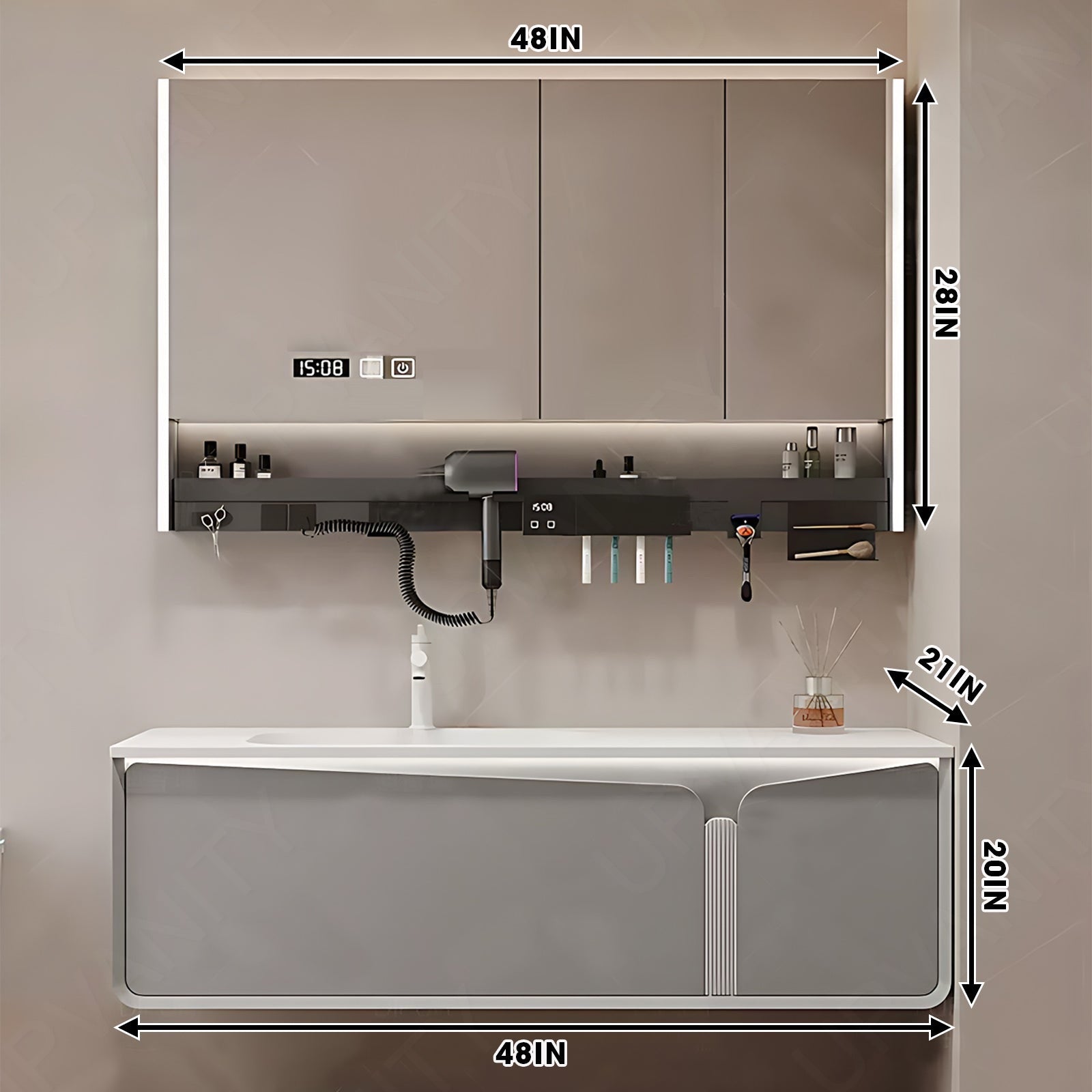 Modern Bath Vanity Set, Gray, 36"- 60", Single, Floating, Sensor Light, Smart LED Mirror, Rear Cabinet, Storage Rack