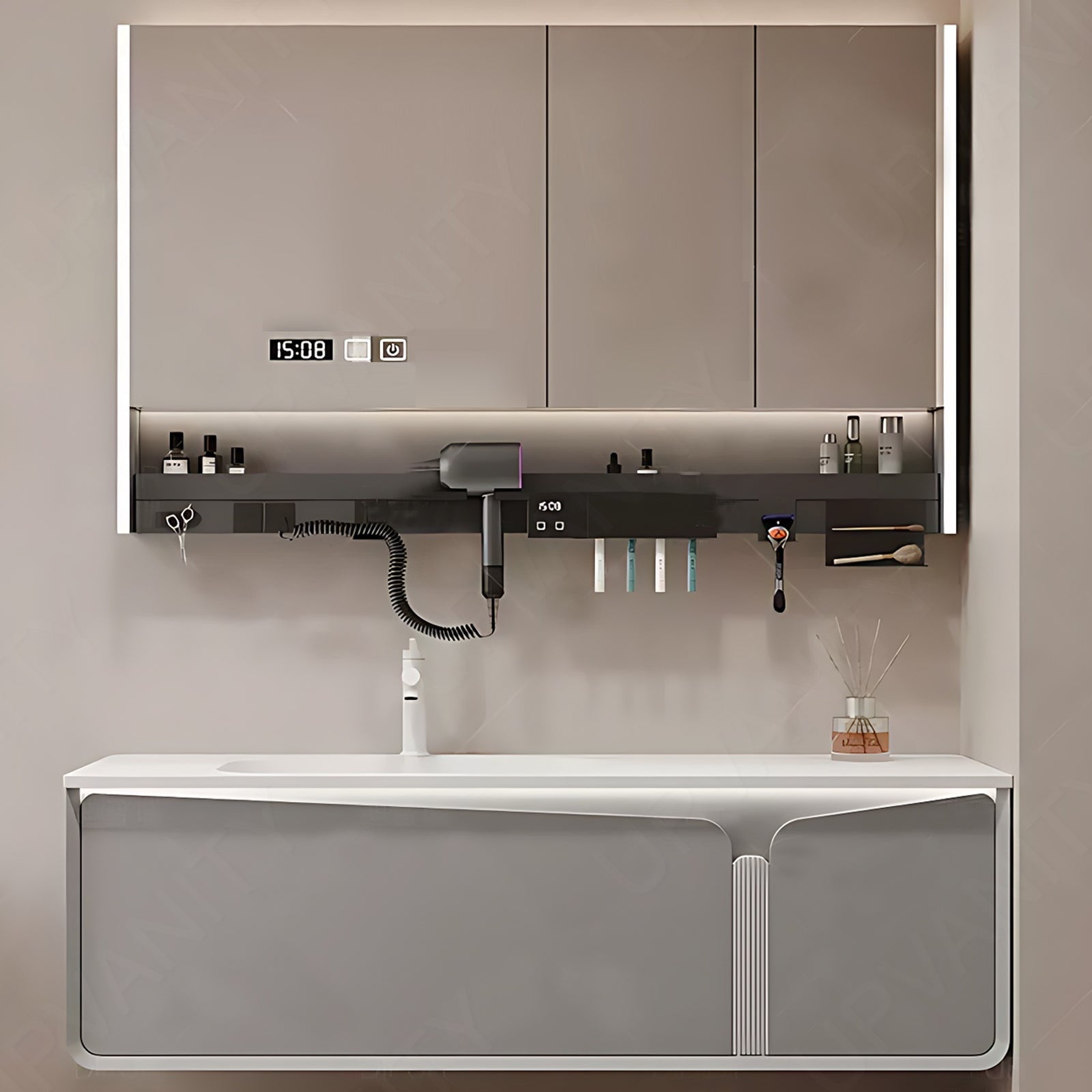 Modern Bath Vanity Set, Gray, 36"- 60", Single, Floating, Sensor Light, Smart LED Mirror, Rear Cabinet, Storage Rack