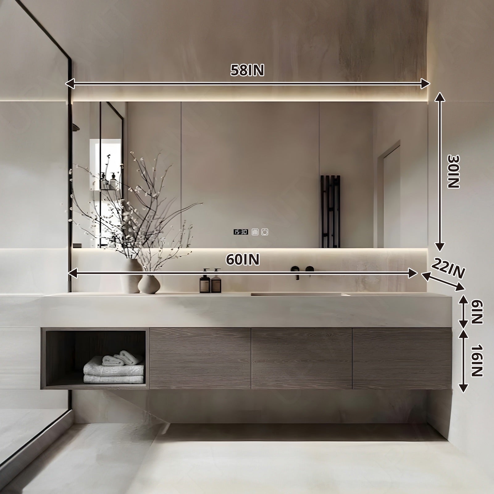 Modern Bath Vanity Set, Gray, Beige Slate Top, 40"-64", Single, Floating, Open Storage, Smart LED Mirror, Rear Cabinet