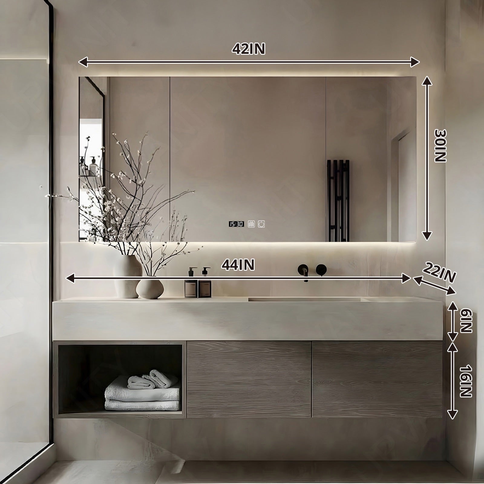 Modern Bath Vanity Set, Gray, Beige Slate Top, 40"-64", Single, Floating, Open Storage, Smart LED Mirror, Rear Cabinet
