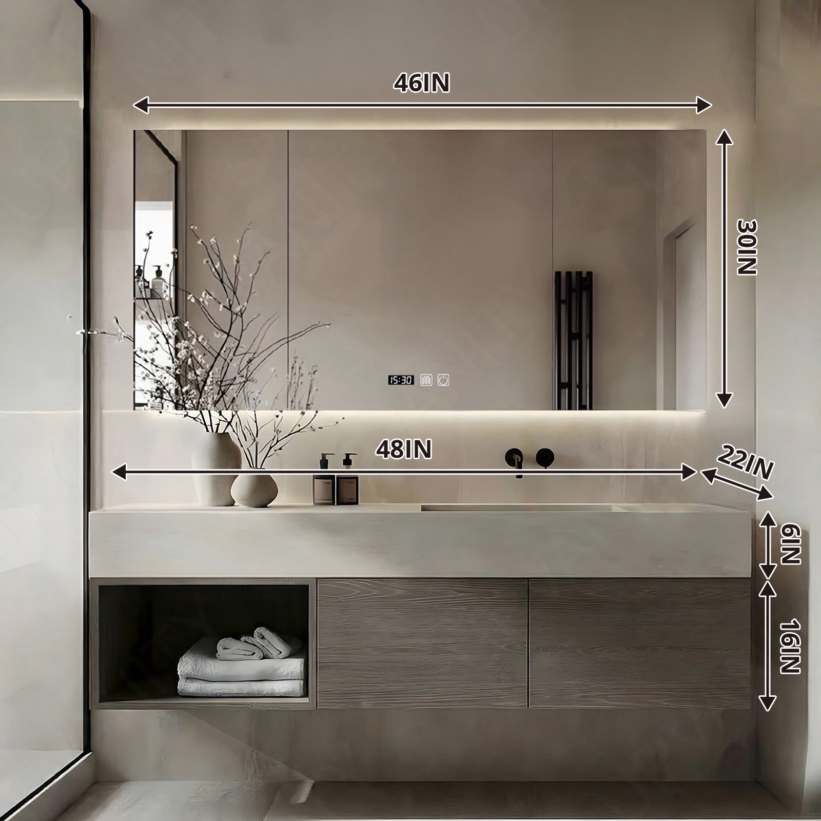 Modern Bath Vanity Set, Gray, Beige Slate Top, 40"-64", Single, Floating, Open Storage, Smart LED Mirror, Rear Cabinet