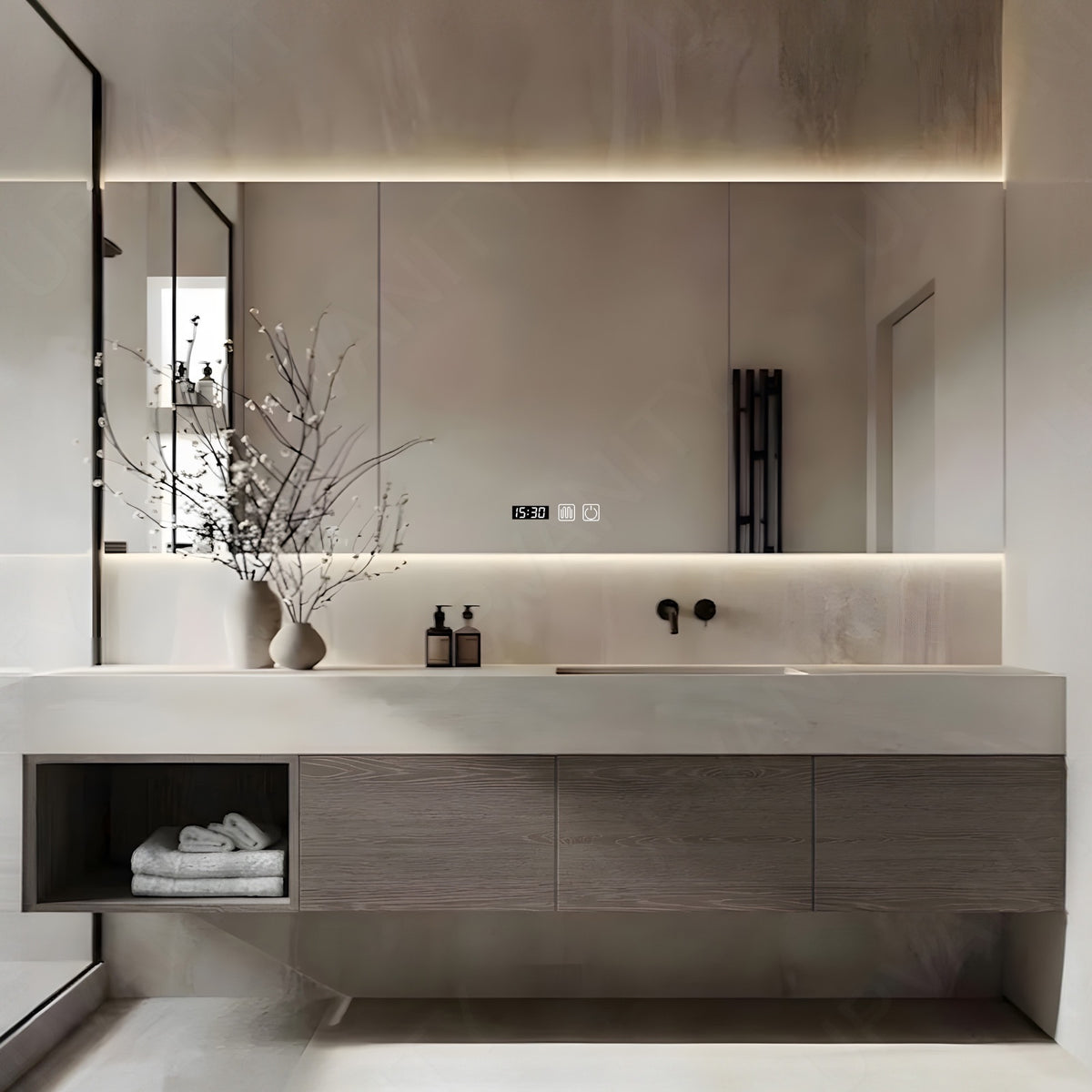 Modern Bath Vanity Set, Gray, Beige Slate Top, 40"-64", Single, Floating, Open Storage, Smart LED Mirror, Rear Cabinet