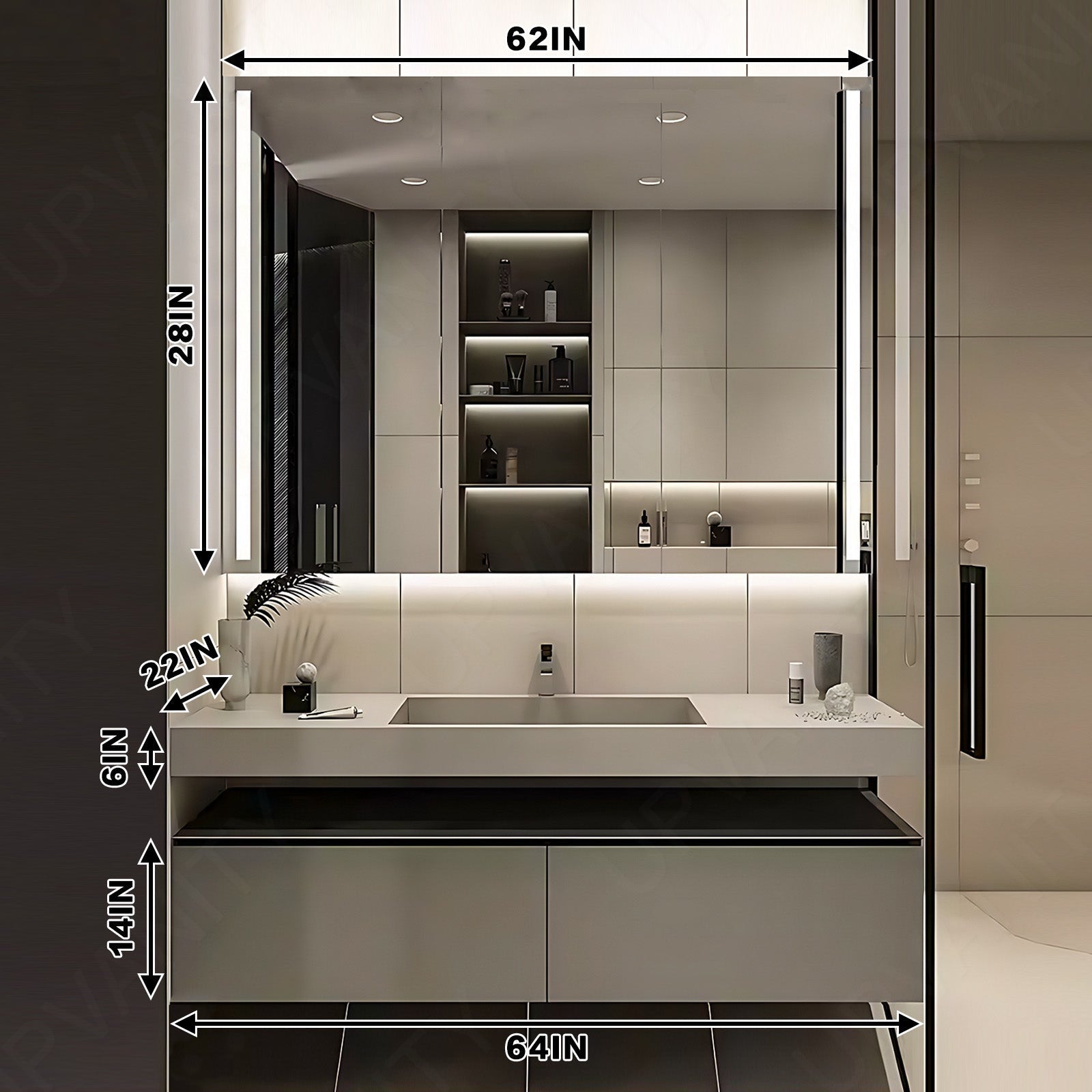 Modern Bath Vanity Set, Gray, Beige Slate Top, Open Storage, 36"- 64", Single, Floating, Smart LED Mirror, Rear Cabinet