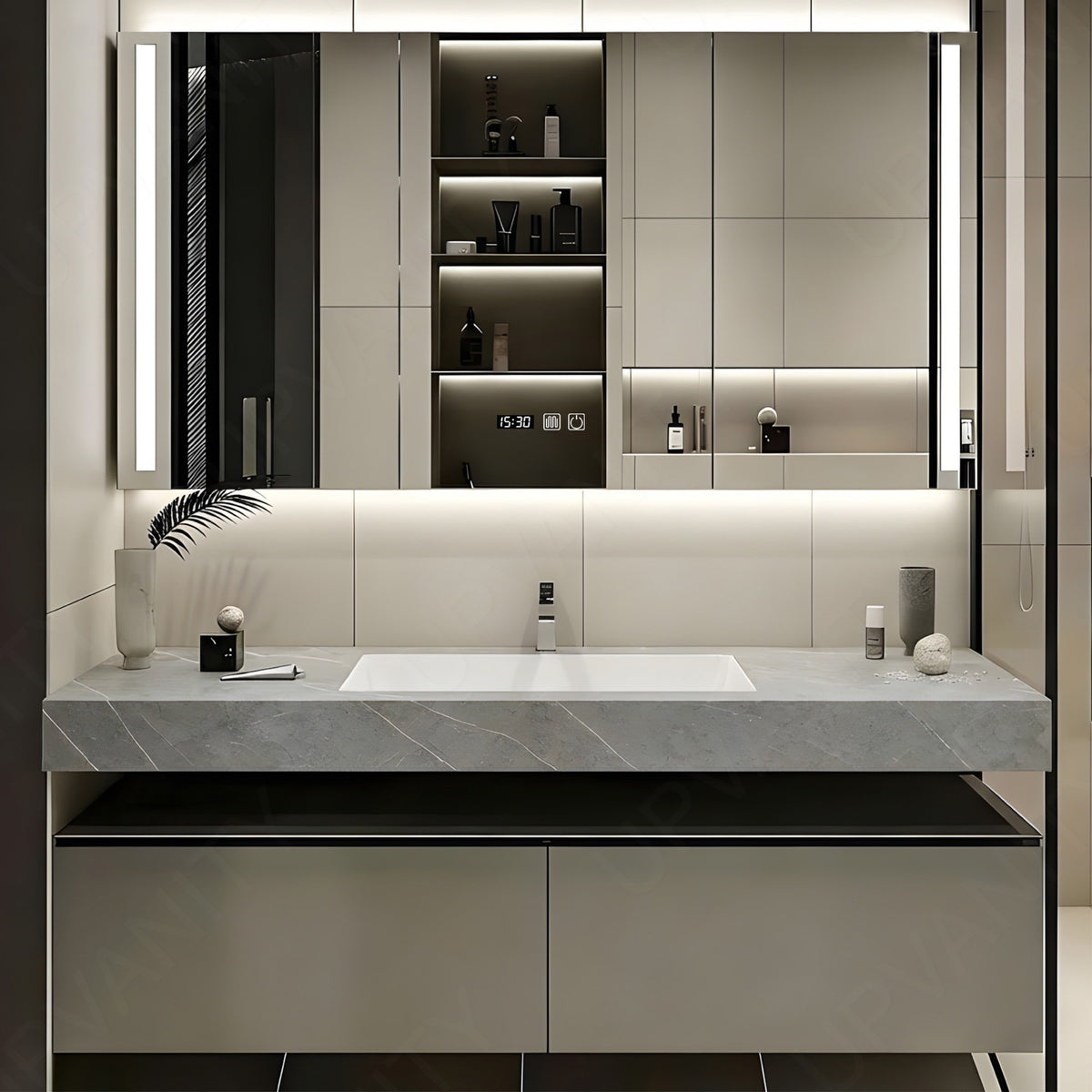 Modern Bath Vanity Set, Gray, Beige Slate Top, Open Storage, 36"- 64", Single, Floating, Smart LED Mirror, Rear Cabinet
