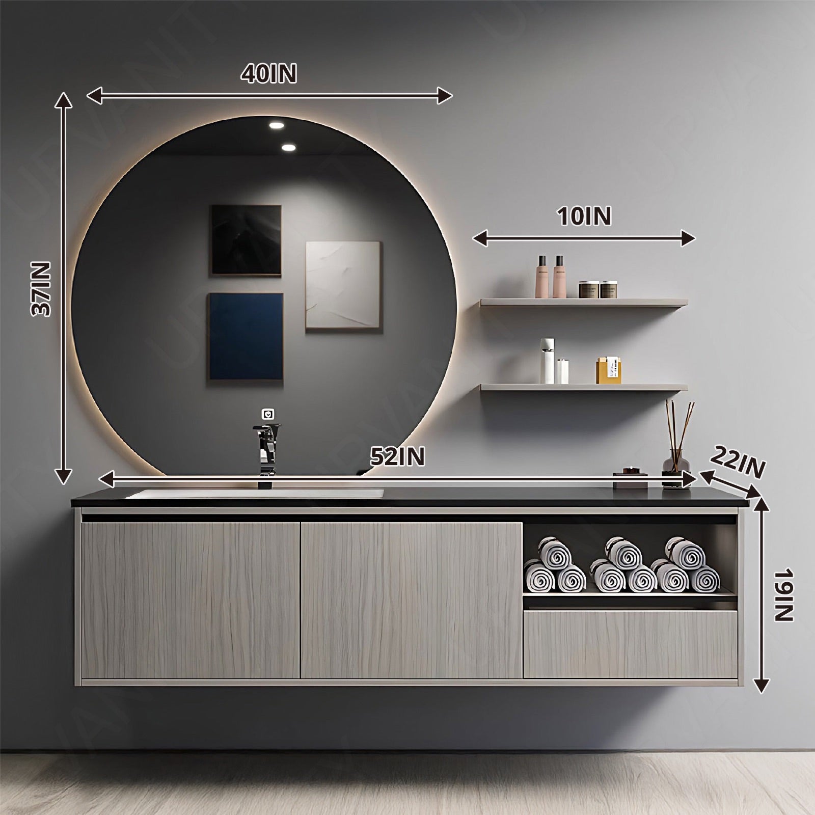 Modern Bath Vanity Set, Gray, Black Slate Top, 32"- 60", Single, Floating, Open Storage, Round Smart LED Mirror