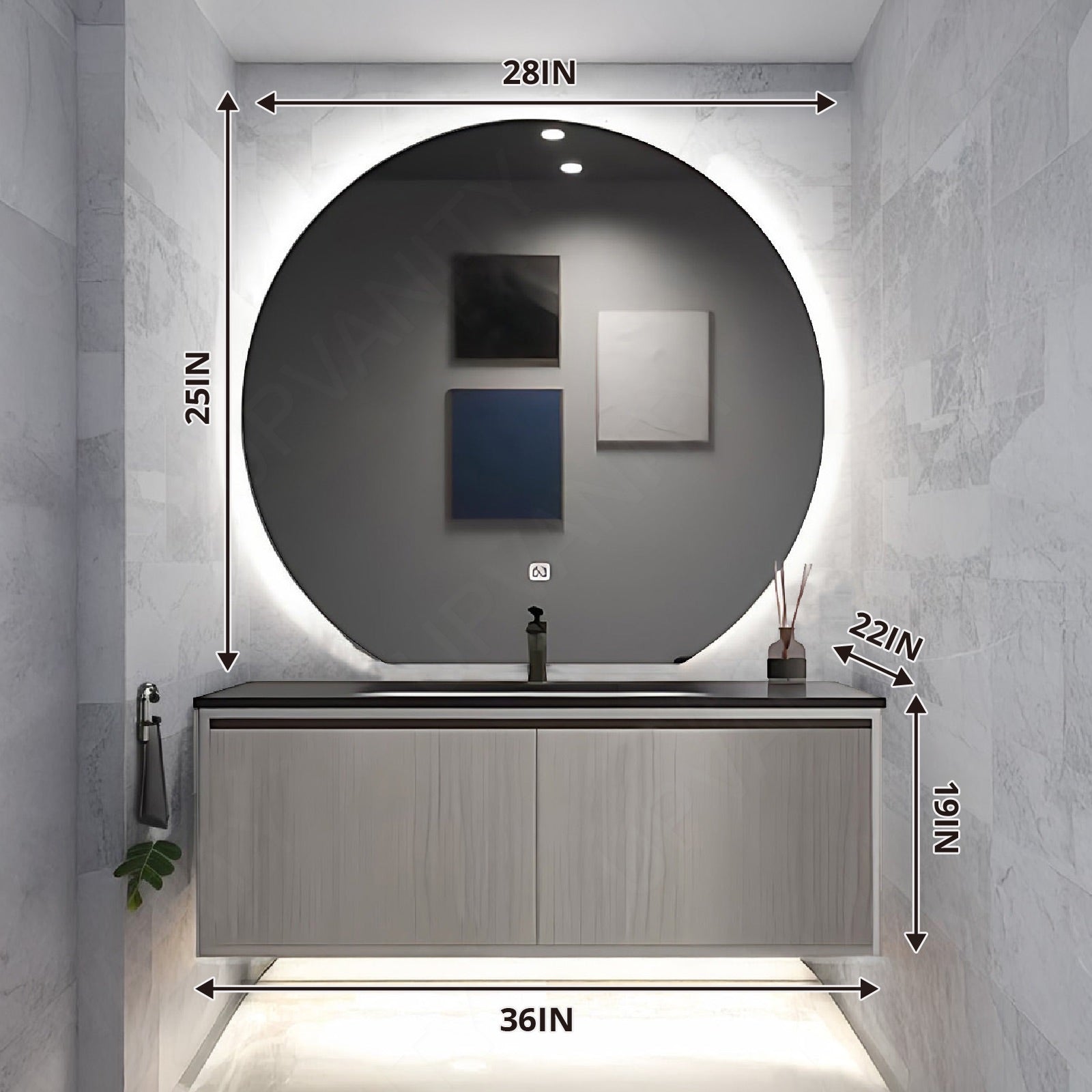 Modern Bath Vanity Set, Gray, Black Slate Top, 32"- 60", Single, Floating, Open Storage, Round Smart LED Mirror