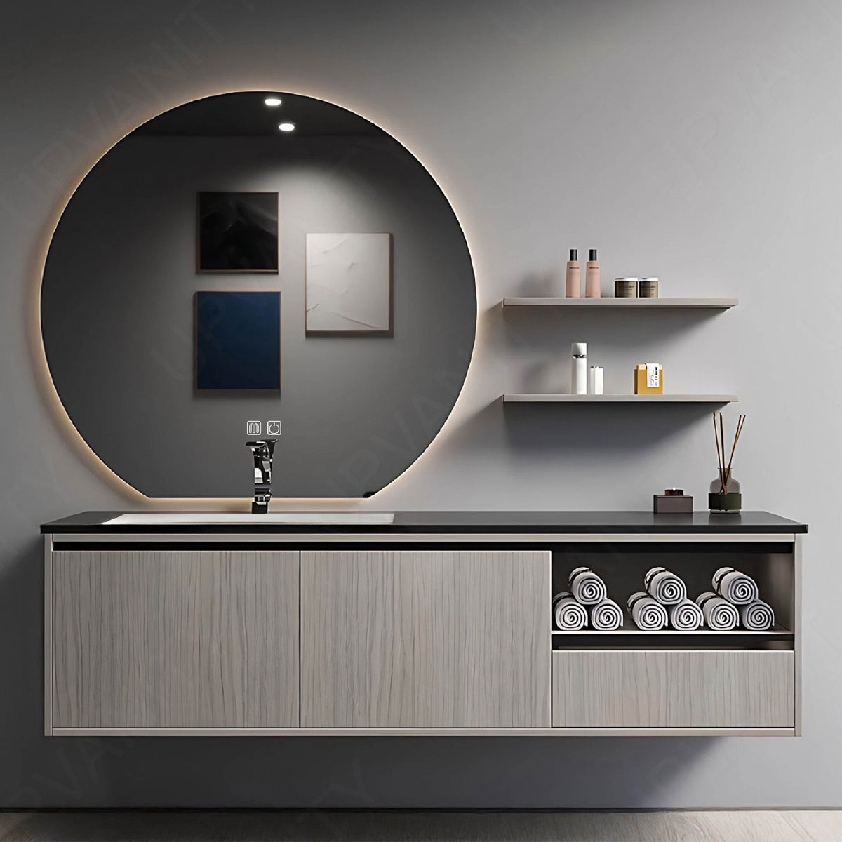 Modern Bath Vanity Set, Gray, Black Slate Top, 32"- 60", Single, Floating, Open Storage, Round Smart LED Mirror