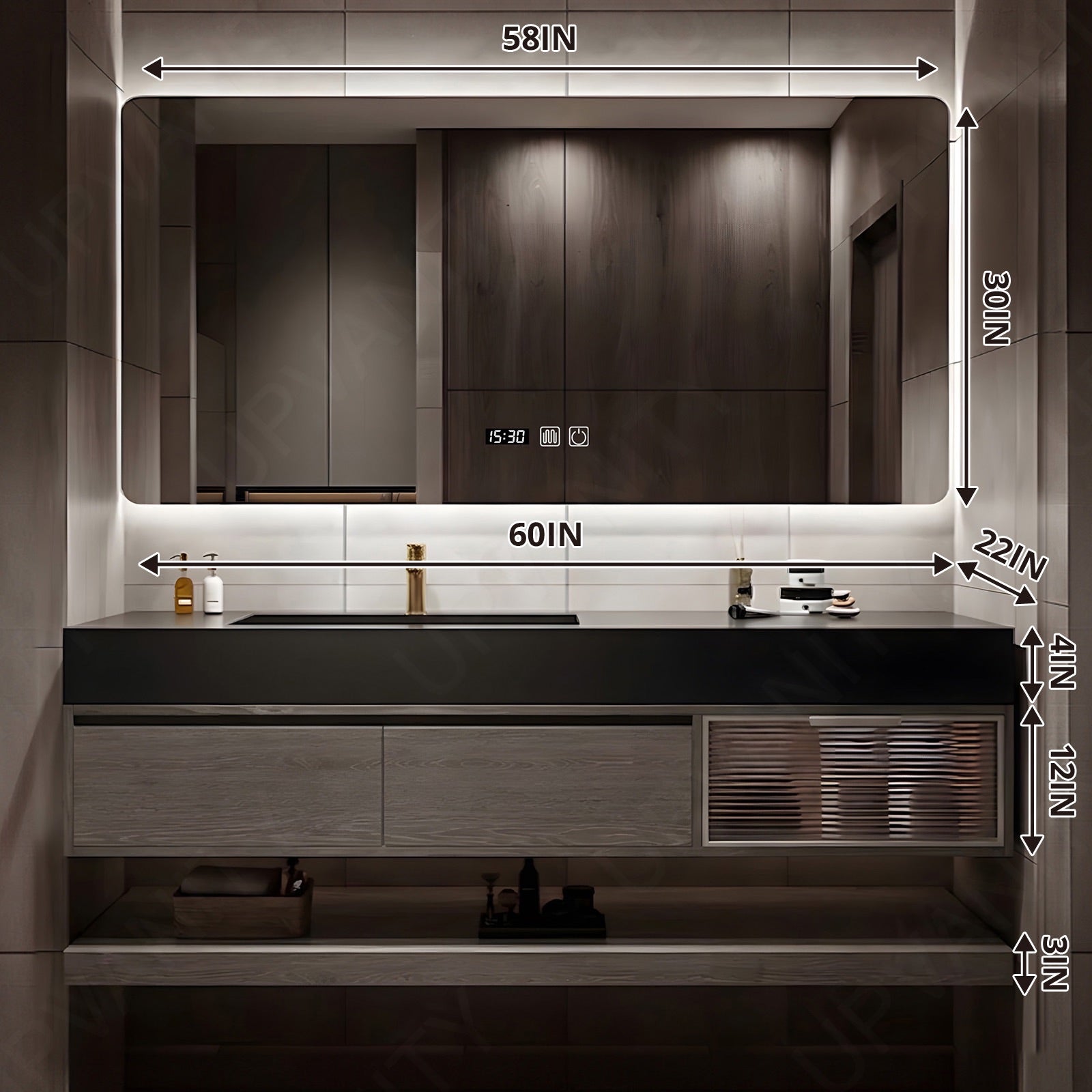 Modern Bath Vanity Set, Gray, Black Slate Top, Glass Door, 48"- 64", Single, Floating, Smart LED Mirror
