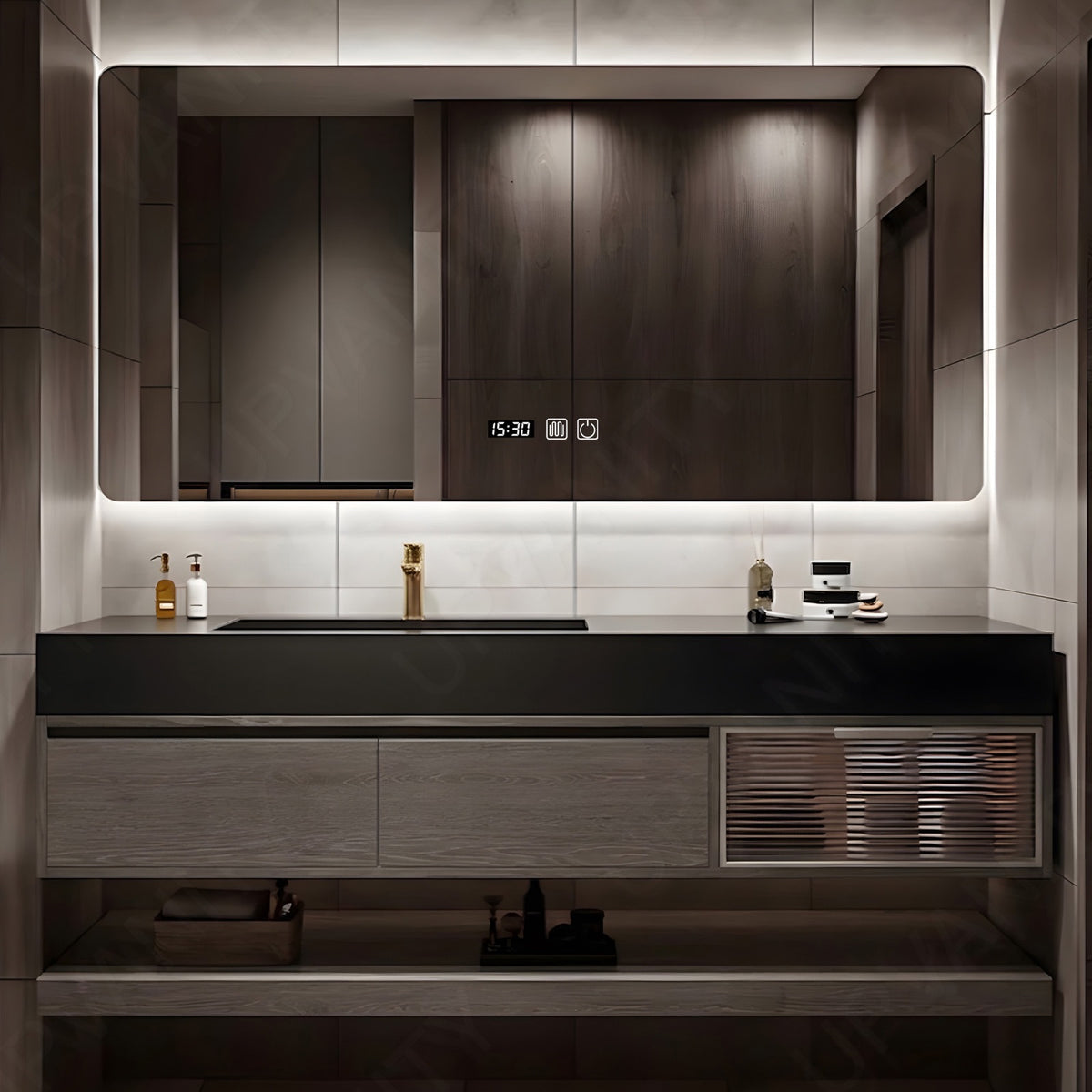 Modern Bath Vanity Set, Gray, Black Slate Top, Glass Door, 48"- 64", Single, Floating, Smart LED Mirror