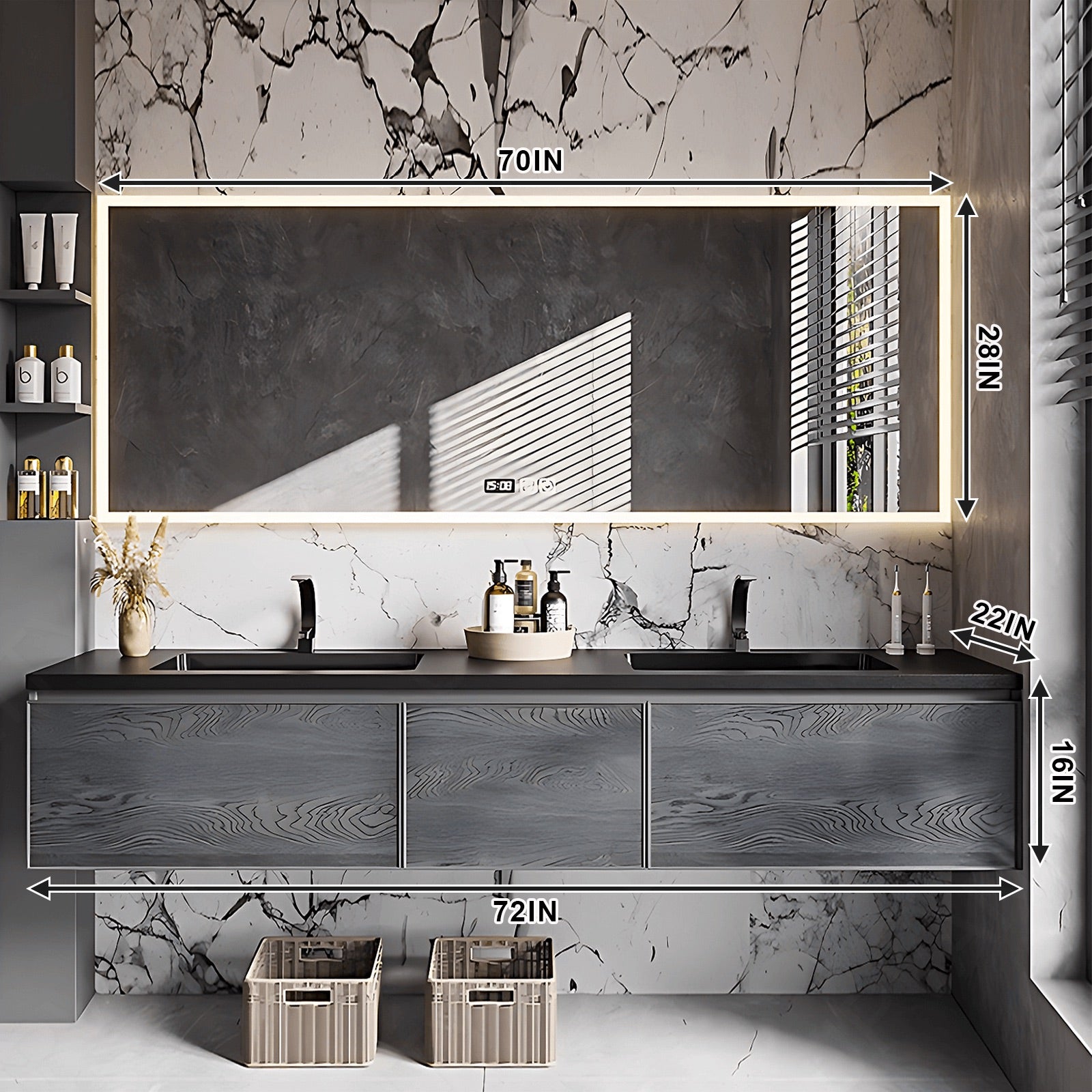 Modern Bath Vanity Set, Gray, Black Slate Top, Natural Wood Texture, 52"- 78", Double, Floating, Smart LED Mirror