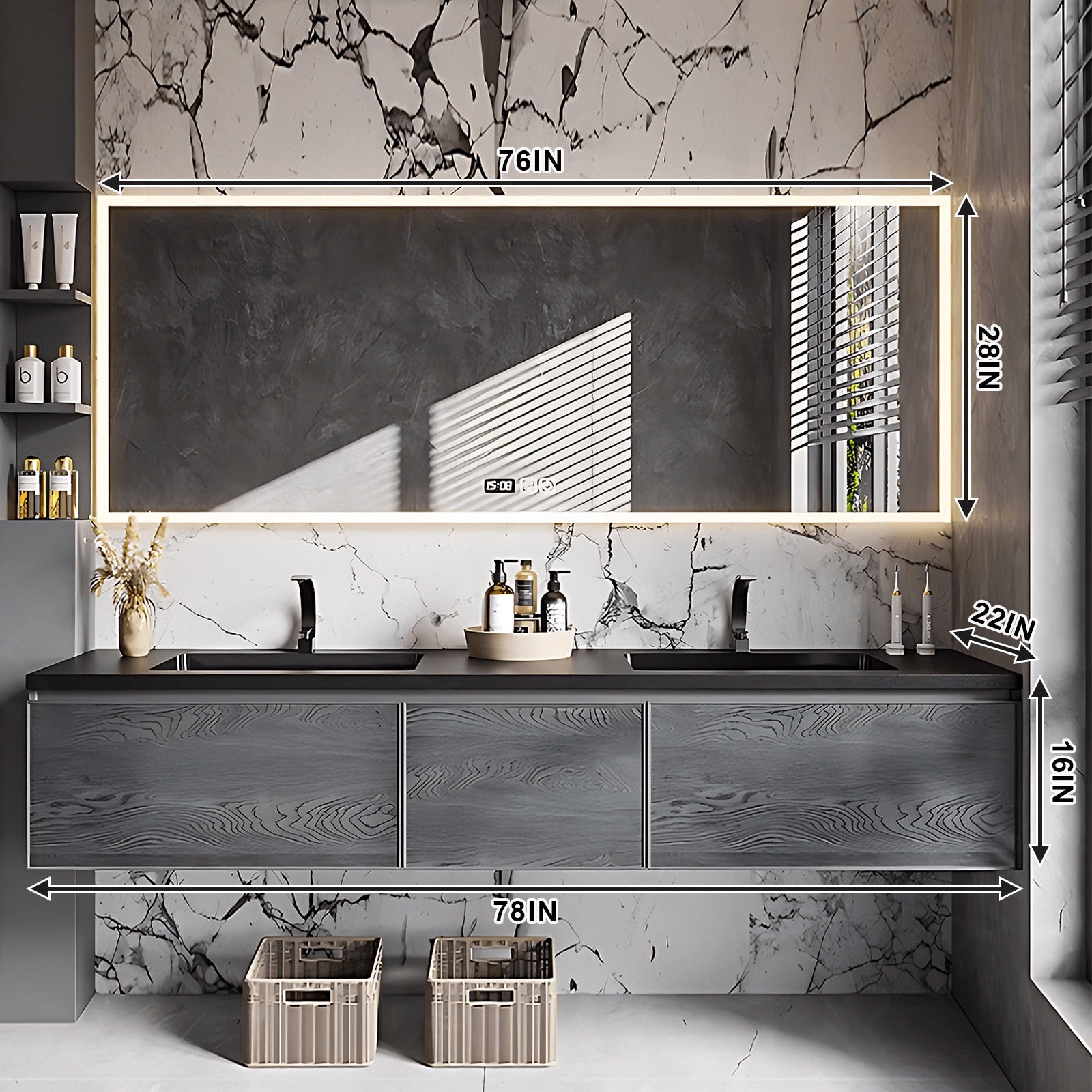 Modern Bath Vanity Set, Gray, Black Slate Top, Natural Wood Texture, 52"- 78", Double, Floating, Smart LED Mirror