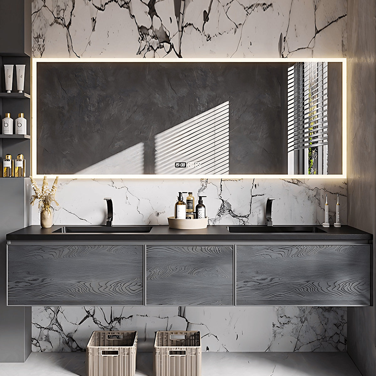 Modern Bath Vanity Set, Gray, Black Slate Top, Natural Wood Texture, 52"- 78", Double, Floating, Smart LED Mirror