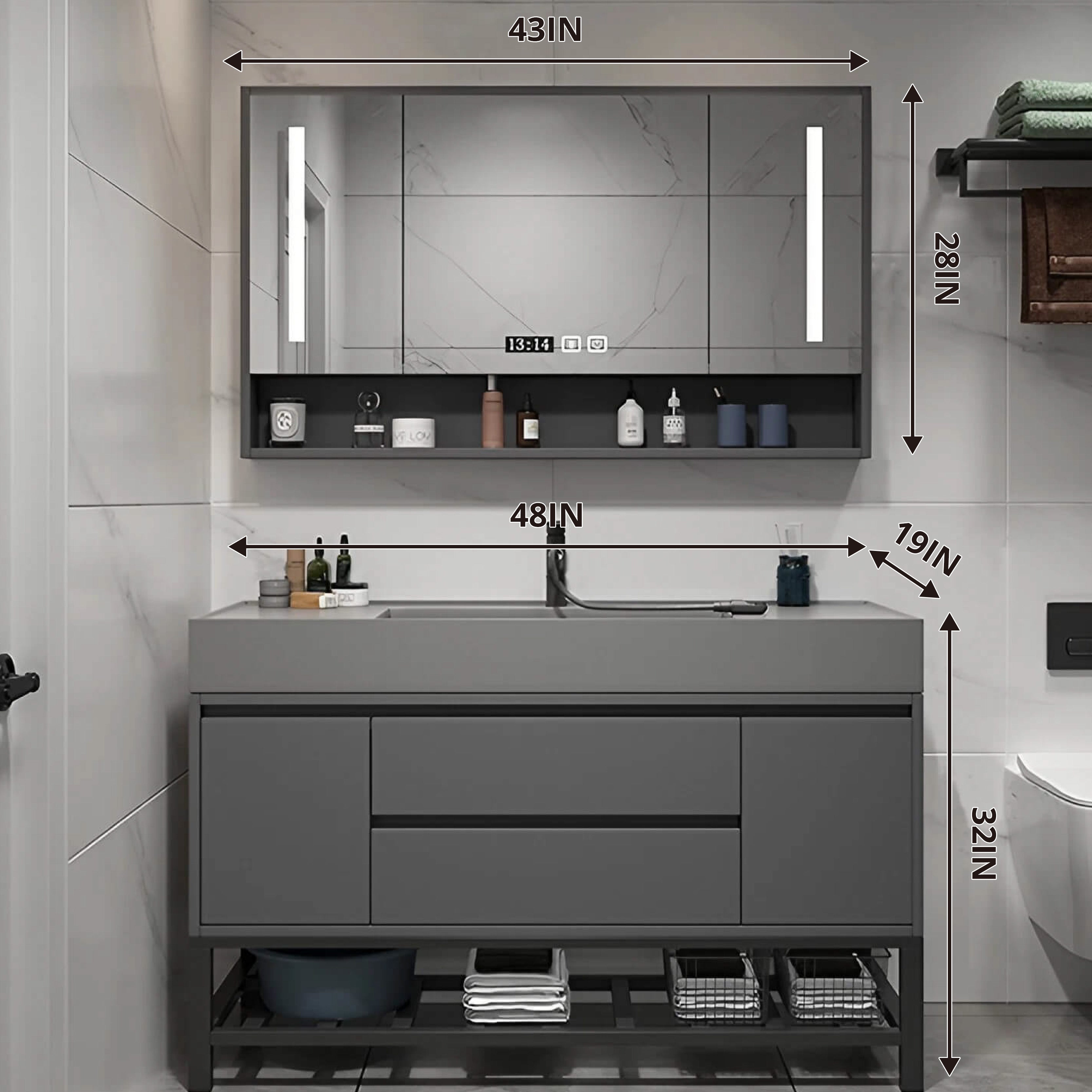 Modern Bath Vanity Set, Gray, Classic Panel, 32"- 48", Single, Freestanding, Smart LED Mirror, Rear Cabinet