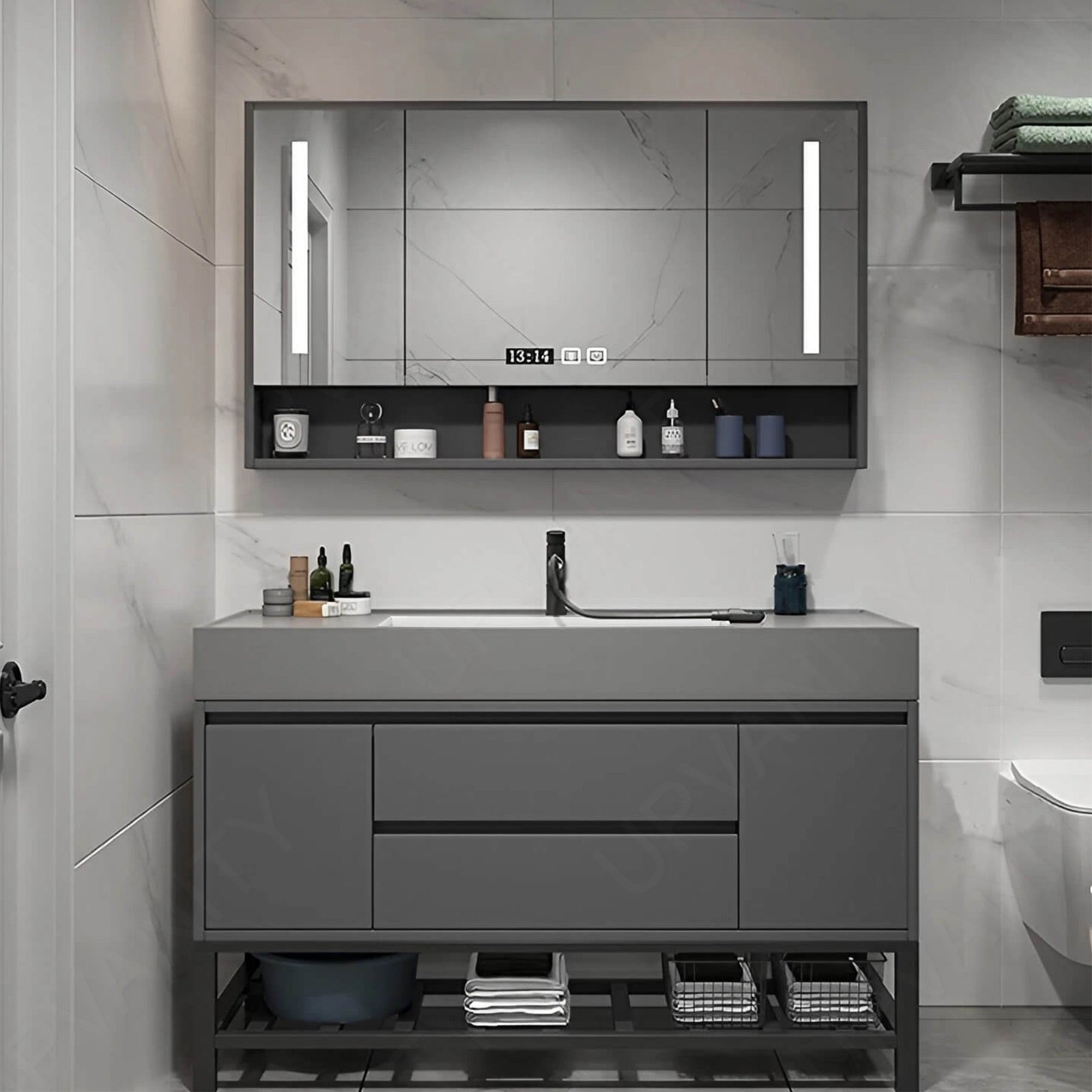 Modern Bath Vanity Set, Gray, Classic Panel, 32"- 48", Single, Freestanding, Smart LED Mirror, Rear Cabinet