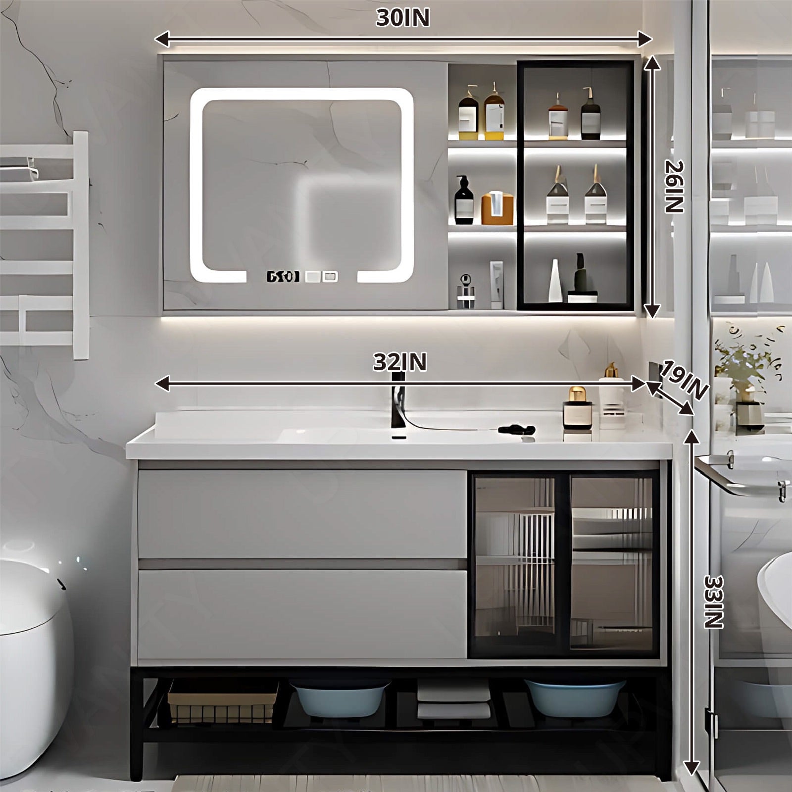 Modern Bath Vanity Set, Gray, Glass Door, 32"-48", Single, Freestanding, Smart LED Mirror, Side Cabinet