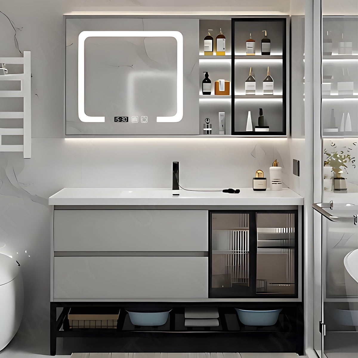 Modern Bath Vanity Set, Gray, Glass Door, 32"-48", Single, Freestanding, Smart LED Mirror, Side Cabinet