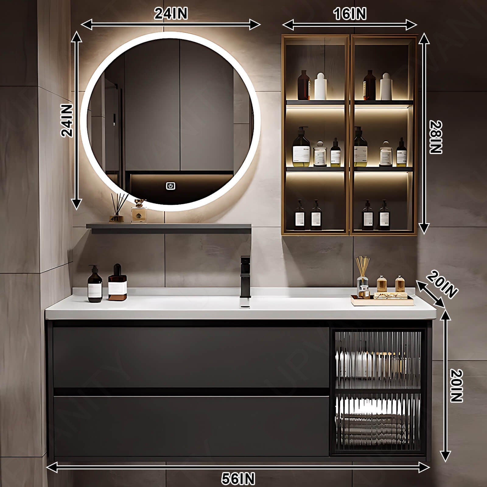 Modern Bath Vanity Set, Gray, Glass Door, 32"- 60", Single, Floating, Round Smart LED Mirror, Side Cabinet