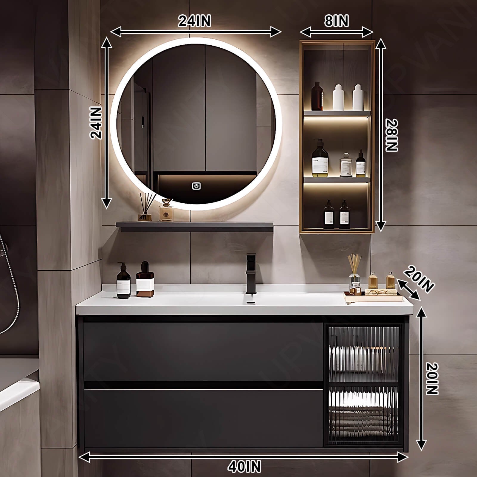 Modern Bath Vanity Set, Gray, Glass Door, 32"- 60", Single, Floating, Round Smart LED Mirror, Side Cabinet