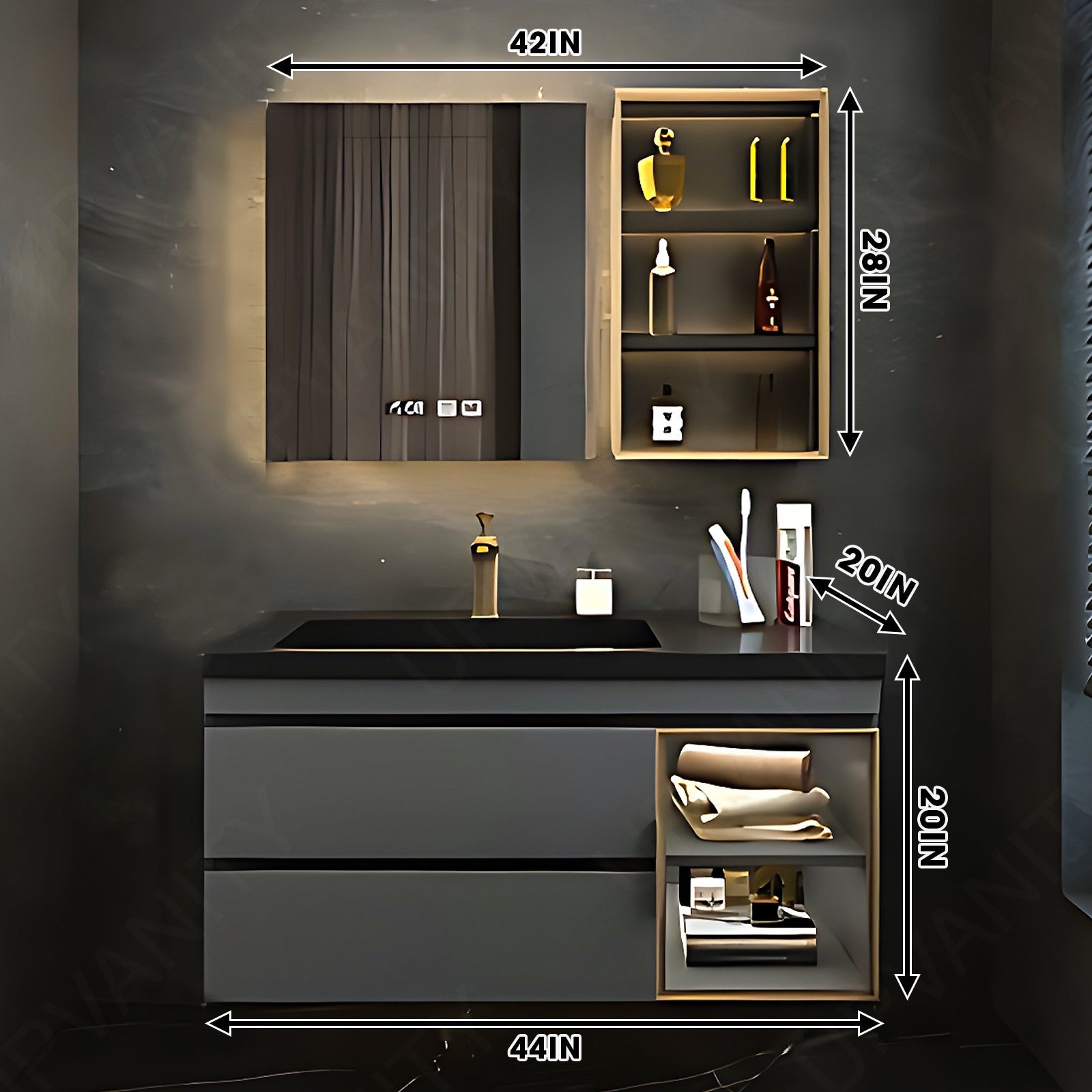 Modern Bath Vanity Set, Gray, Glass Door, 32"- 78", Single, Floating, Smart LED Mirror, Side Cabinet