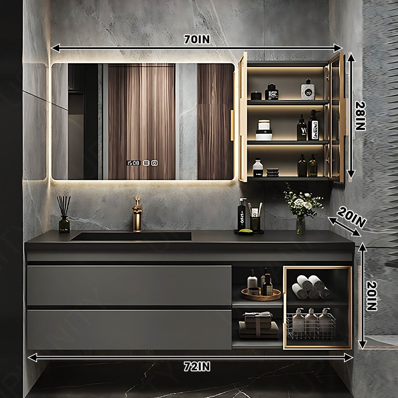 Modern Bath Vanity Set, Gray, Glass Door, 32"- 78", Single, Floating, Smart LED Mirror, Side Cabinet