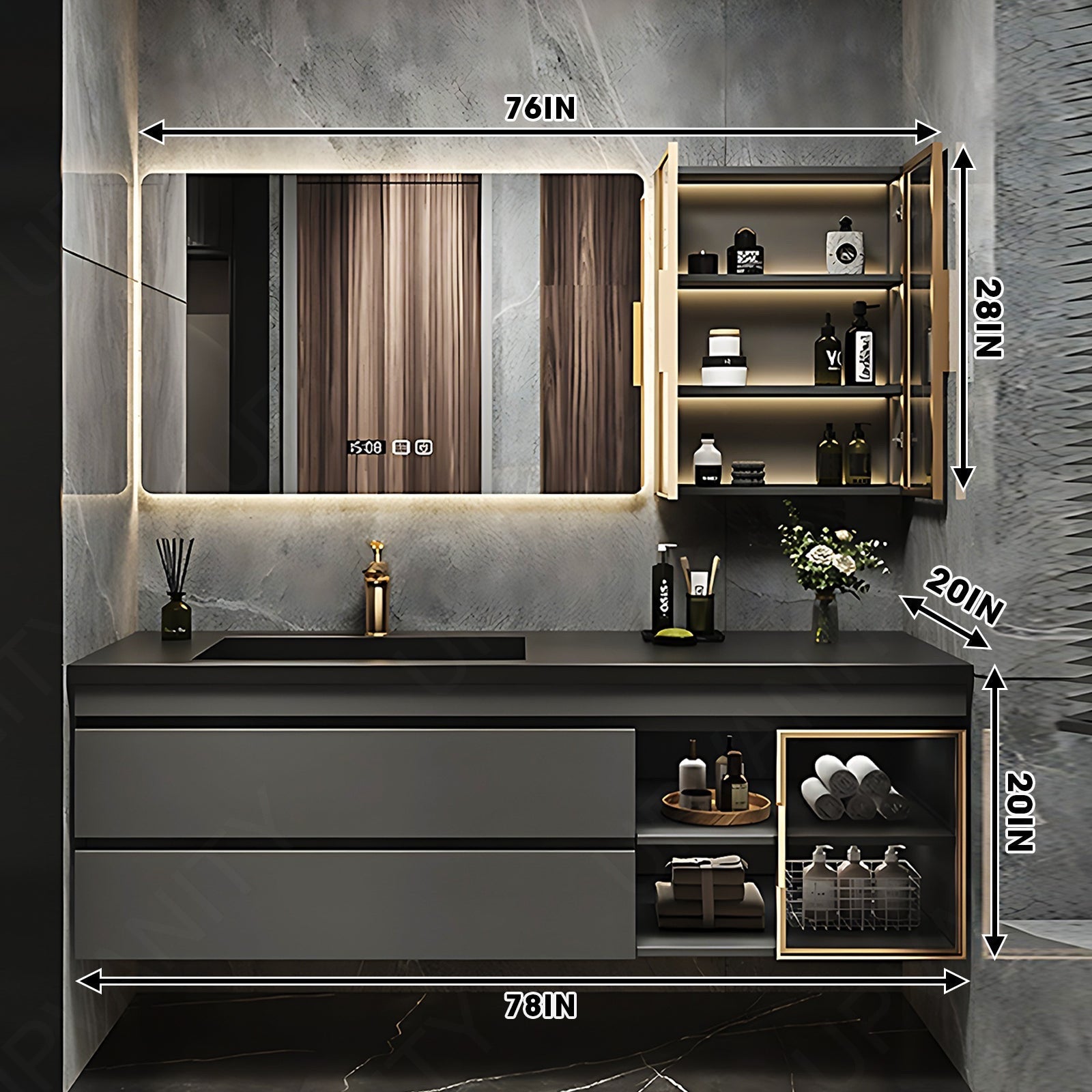 Modern Bath Vanity Set, Gray, Glass Door, 32"- 78", Single, Floating, Smart LED Mirror, Side Cabinet