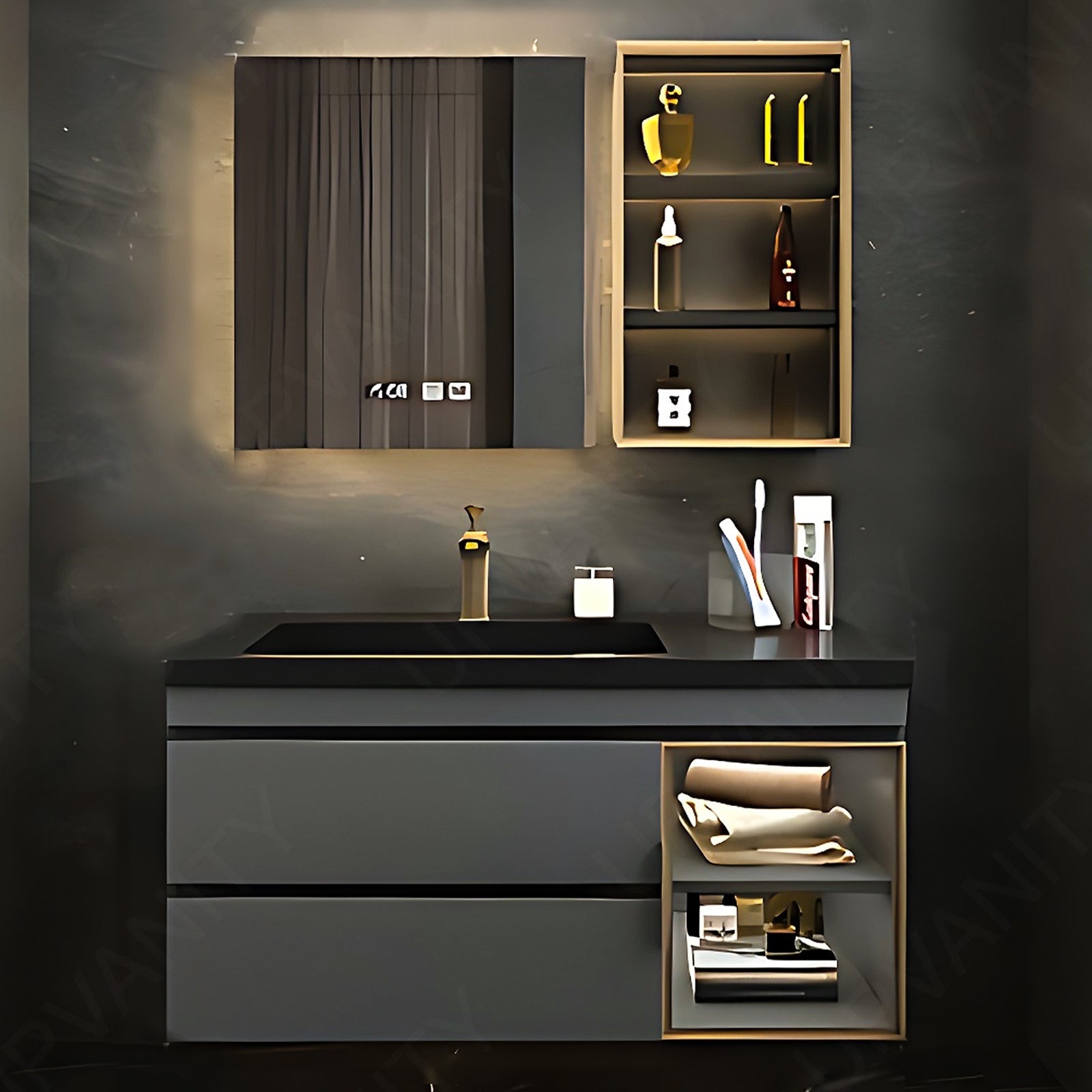 Modern Bath Vanity Set, Gray, Glass Door, 32"- 78", Single, Floating, Smart LED Mirror, Side Cabinet