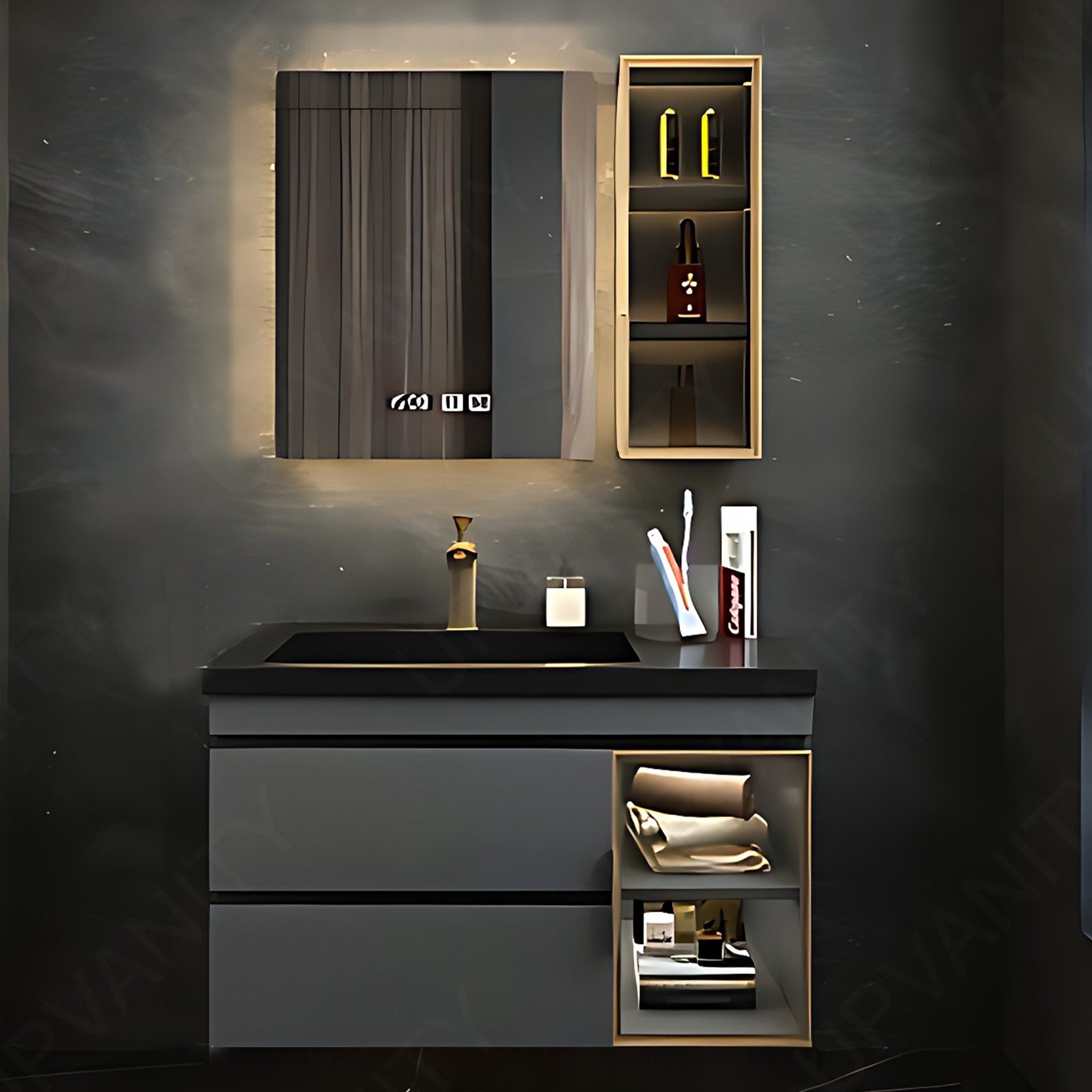 Modern Bath Vanity Set, Gray, Glass Door, 32"- 78", Single, Floating, Smart LED Mirror, Side Cabinet