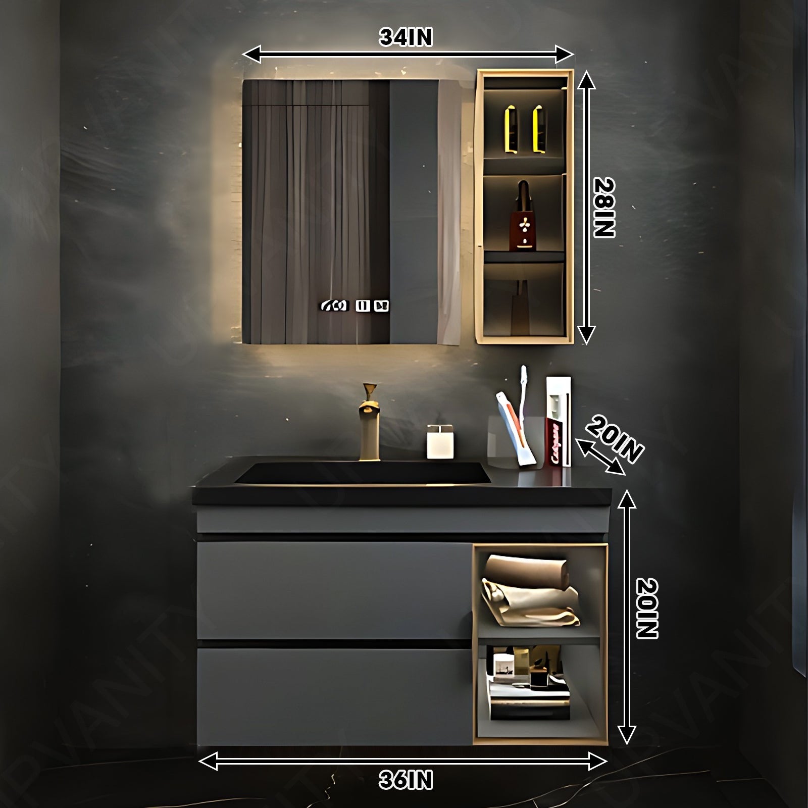 Modern Bath Vanity Set, Gray, Glass Door, 32"- 78", Single, Floating, Smart LED Mirror, Side Cabinet