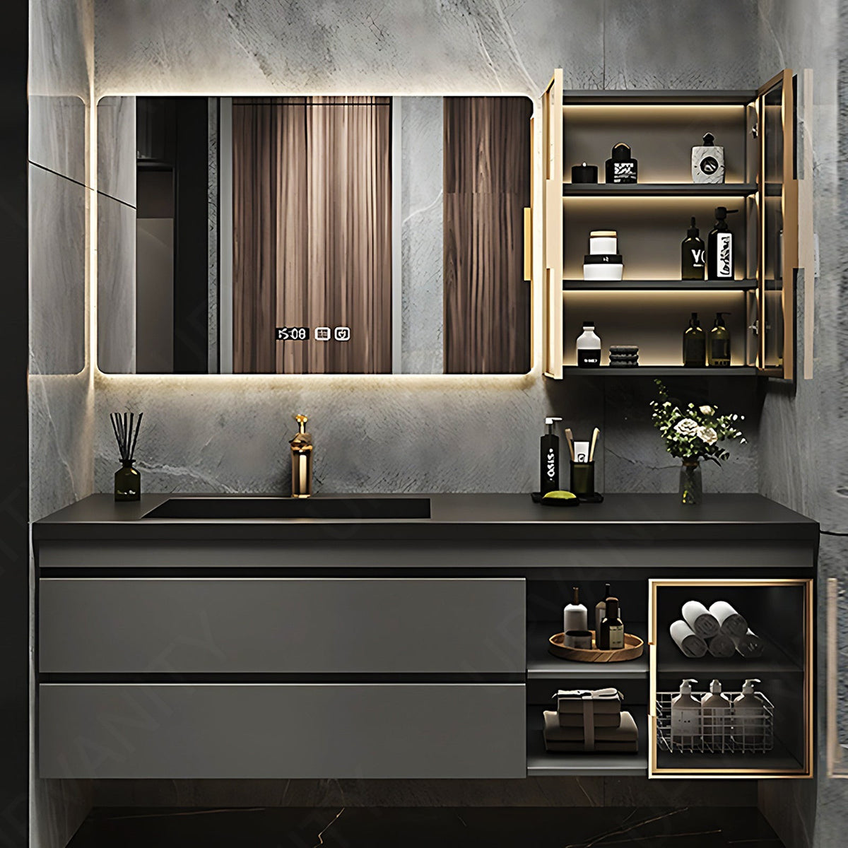 Modern Bath Vanity Set, Gray, Glass Door, 32"- 78", Single, Floating, Smart LED Mirror, Side Cabinet