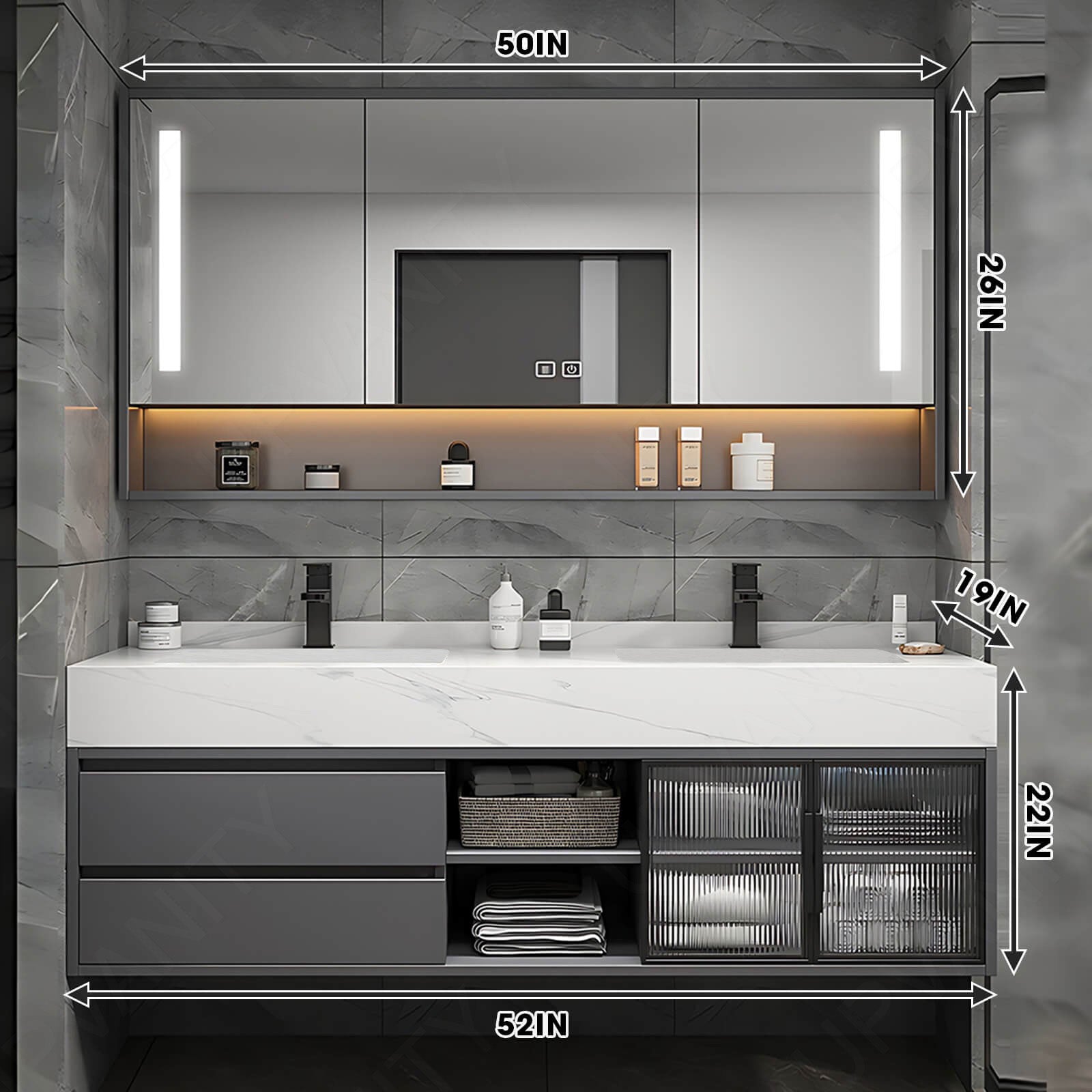 Modern Bath Vanity Set, Gray, Glass Door, 36"- 78", Single/Double, Floating, Smart LED Mirror, Rear Cabinet