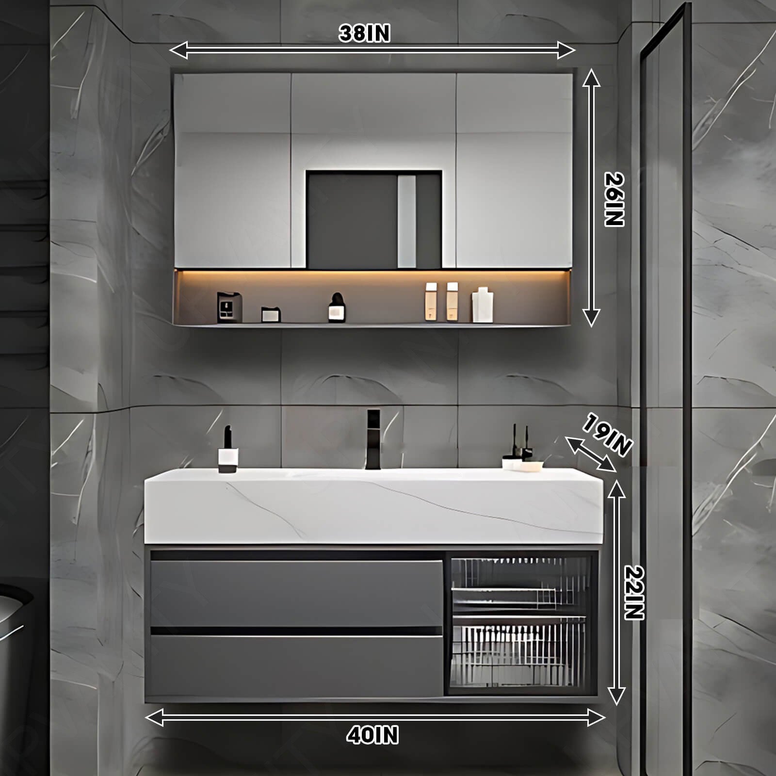 Modern Bath Vanity Set, Gray, Glass Door, 36"- 78", Single/Double, Floating, Smart LED Mirror, Rear Cabinet