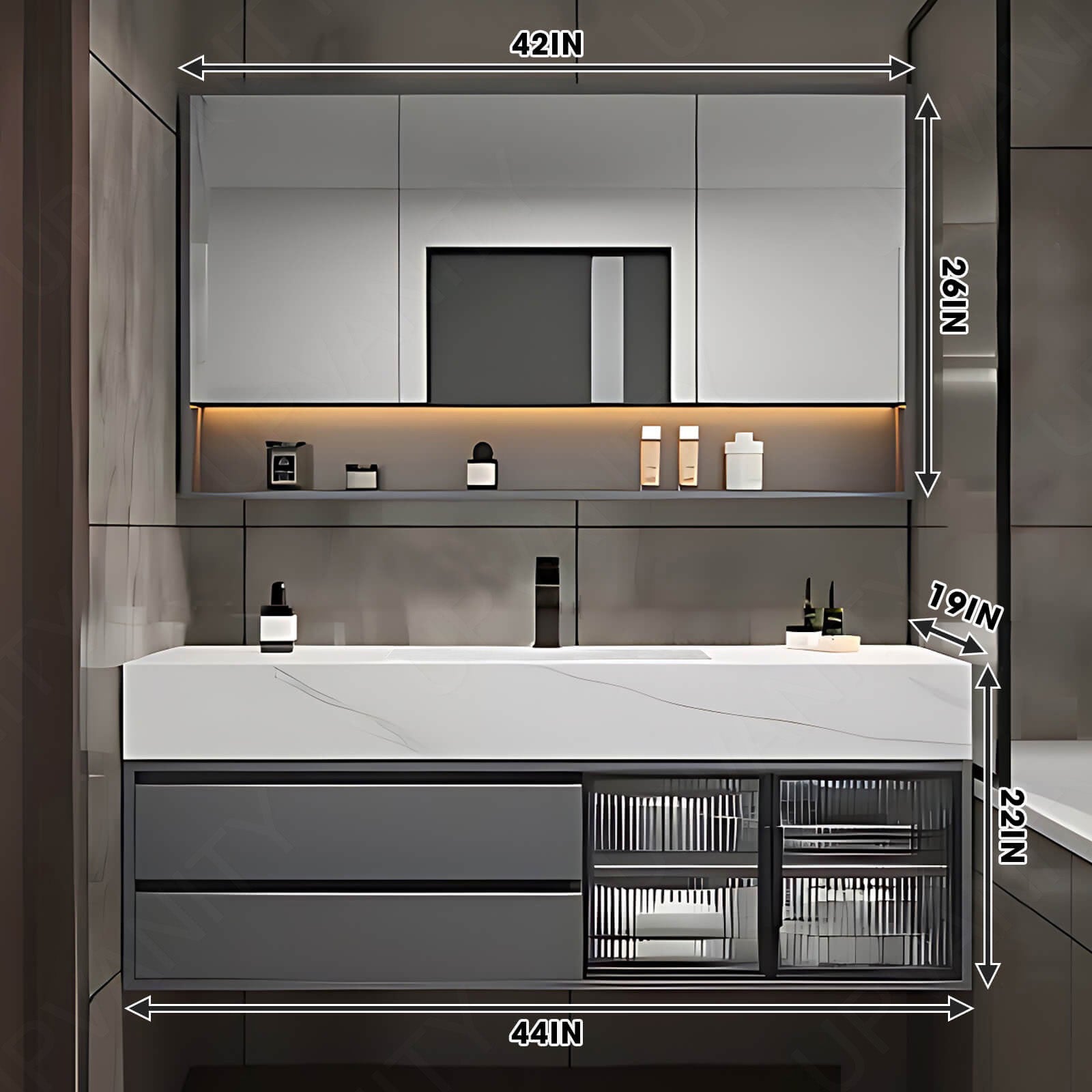 Modern Bath Vanity Set, Gray, Glass Door, 36"- 78", Single/Double, Floating, Smart LED Mirror, Rear Cabinet