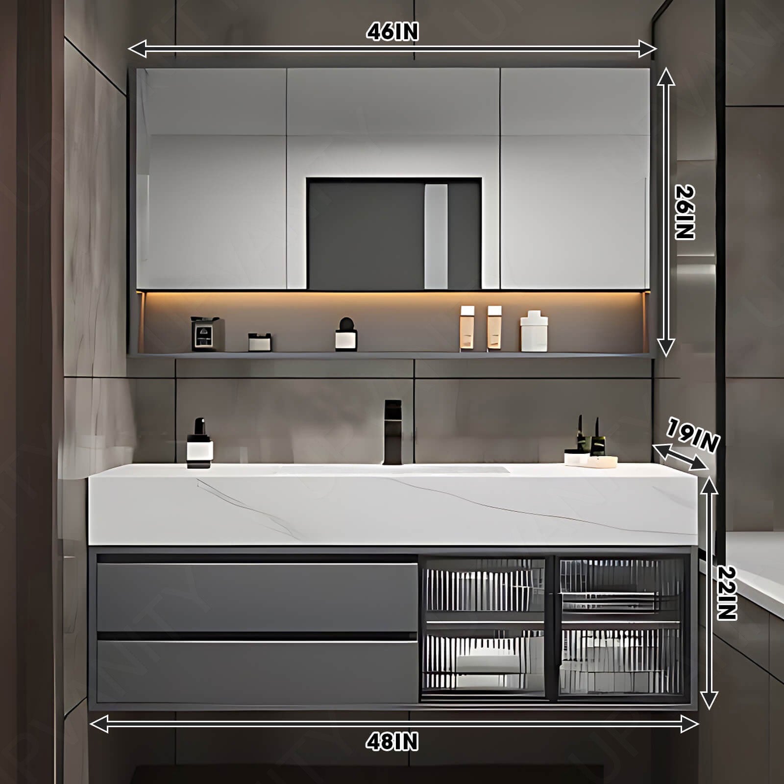 Modern Bath Vanity Set, Gray, Glass Door, 36"- 78", Single/Double, Floating, Smart LED Mirror, Rear Cabinet