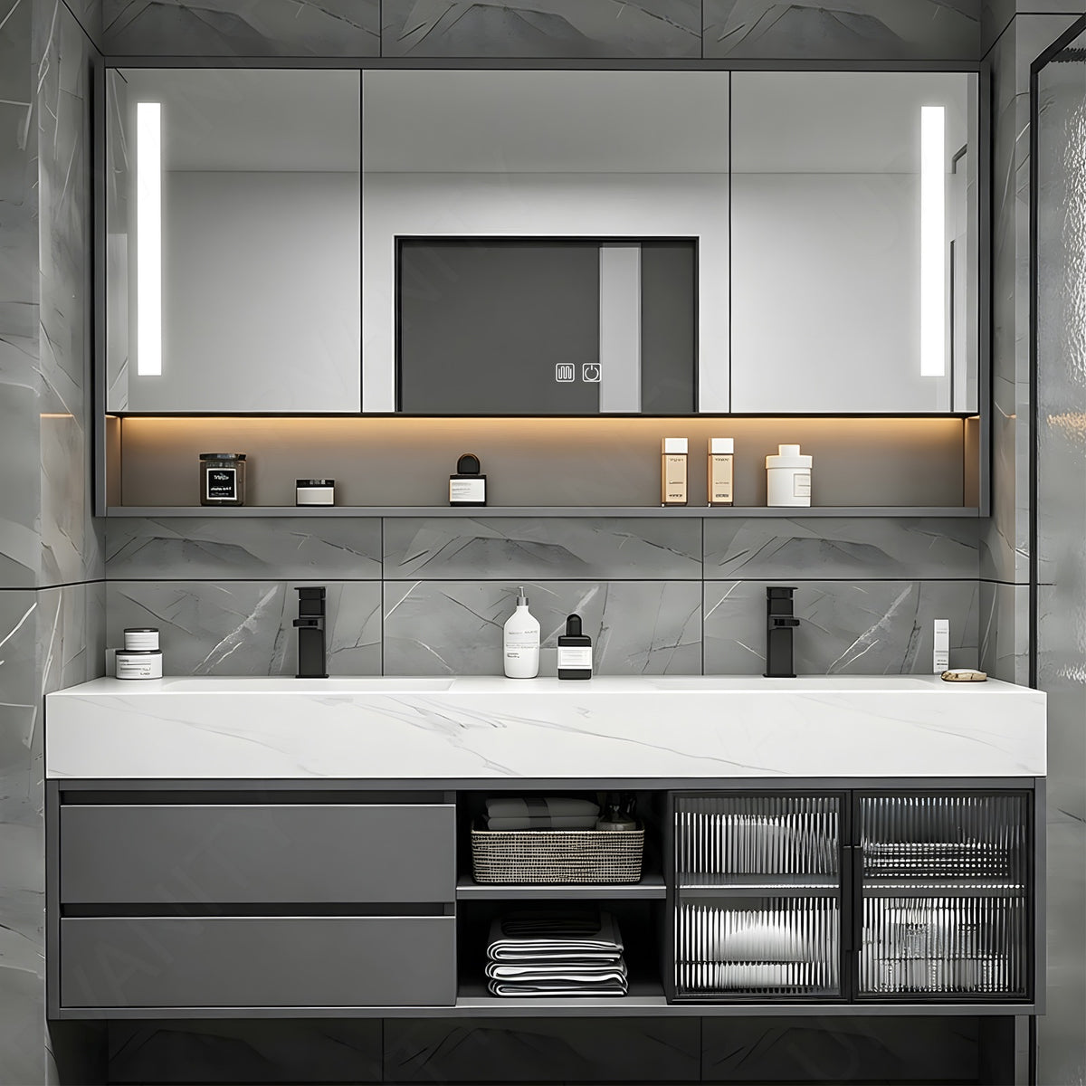 Modern Bath Vanity Set, Gray, Glass Door, 36"- 78", Single/Double, Floating, Smart LED Mirror, Rear Cabinet