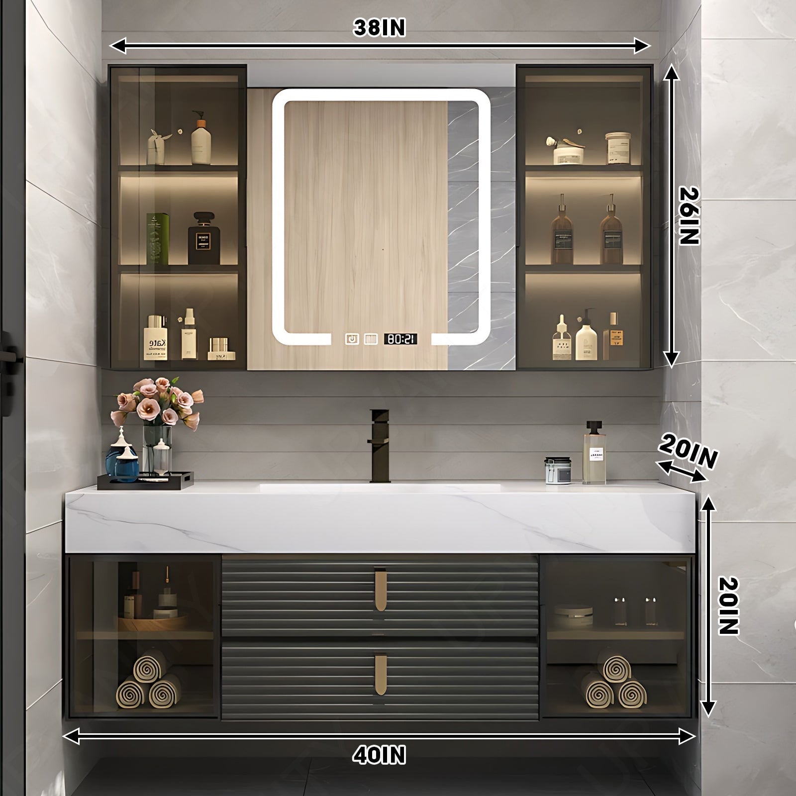 Modern Bath Vanity Set, Gray, Glass Door, 40"- 56", Single, Floating, Smart LED Mirror, Rear and Side Cabinets