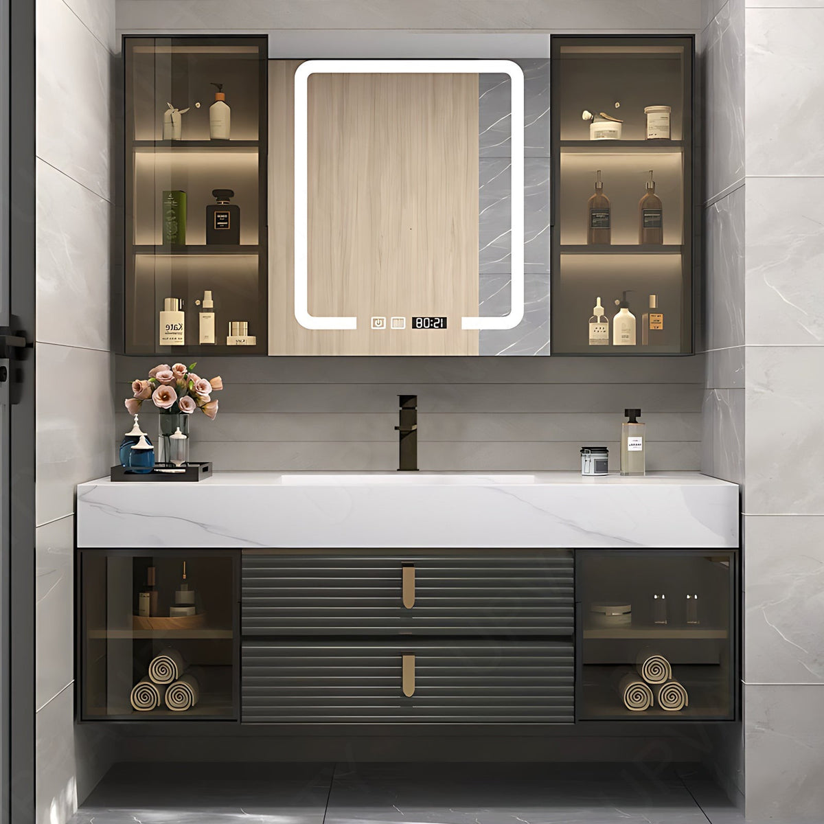 Modern Bath Vanity Set, Gray, Glass Door, 40"- 56", Single, Floating, Smart LED Mirror, Rear and Side Cabinets