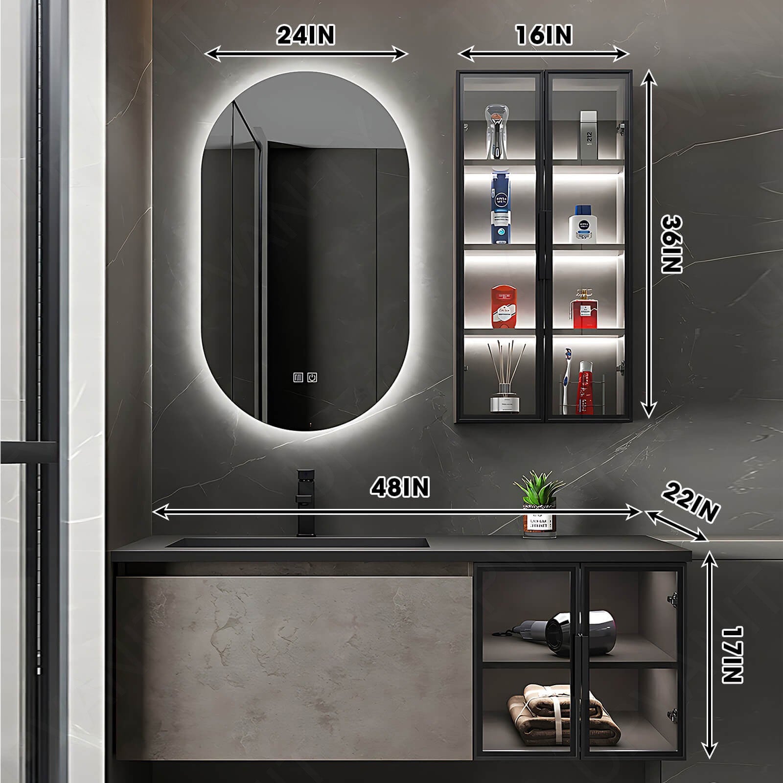 Modern Bath Vanity Set, Gray, Glass Door, 44"- 48", Single, Floating, Sensor Light, Oval Smart LED Mirror, Side Cabinet