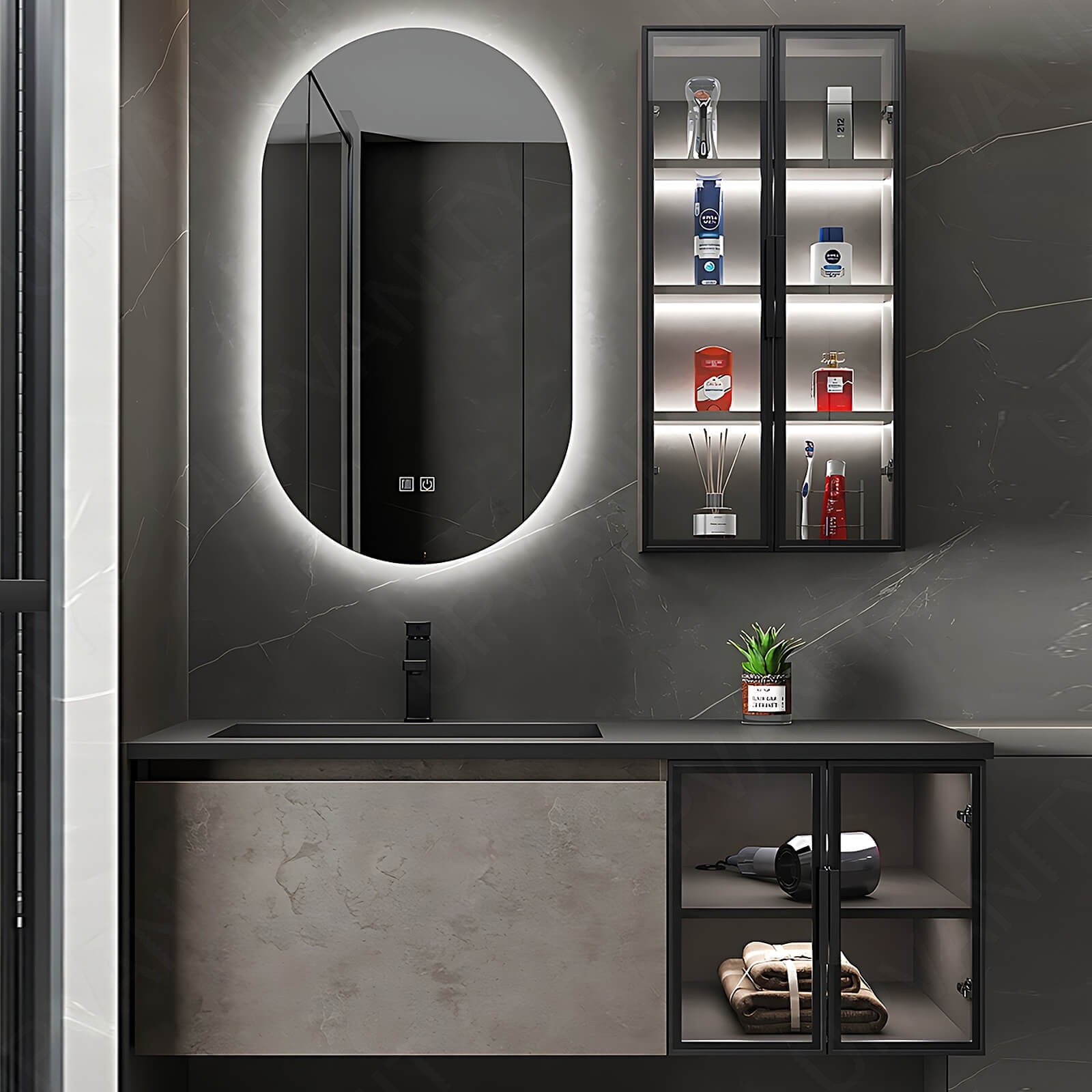 Modern Bath Vanity Set, Gray, Glass Door, 44"- 48", Single, Floating, Sensor Light, Oval Smart LED Mirror, Side Cabinet